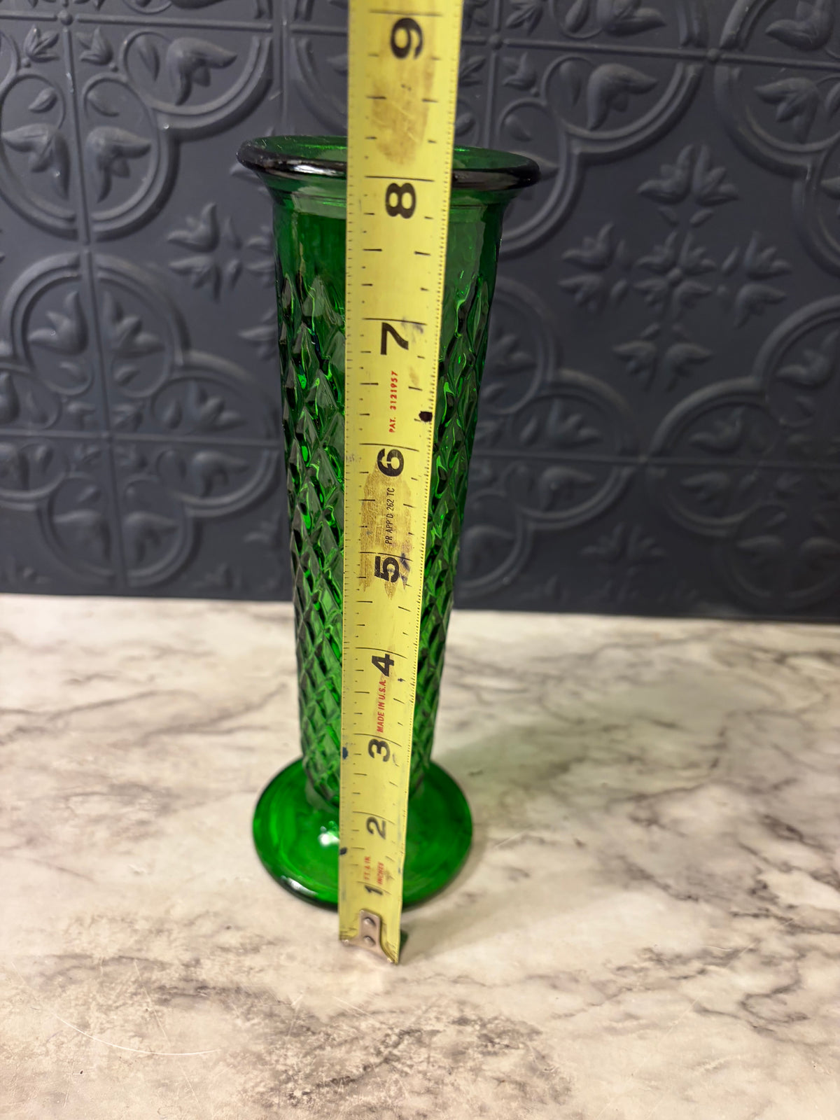 E O Brody Emerald Green Bud Vase with DiamondPattern