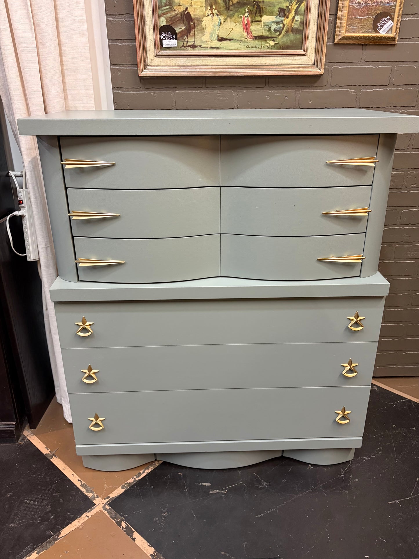 Mid Century Bassett Highboy Dresser Painted Earthen Ash