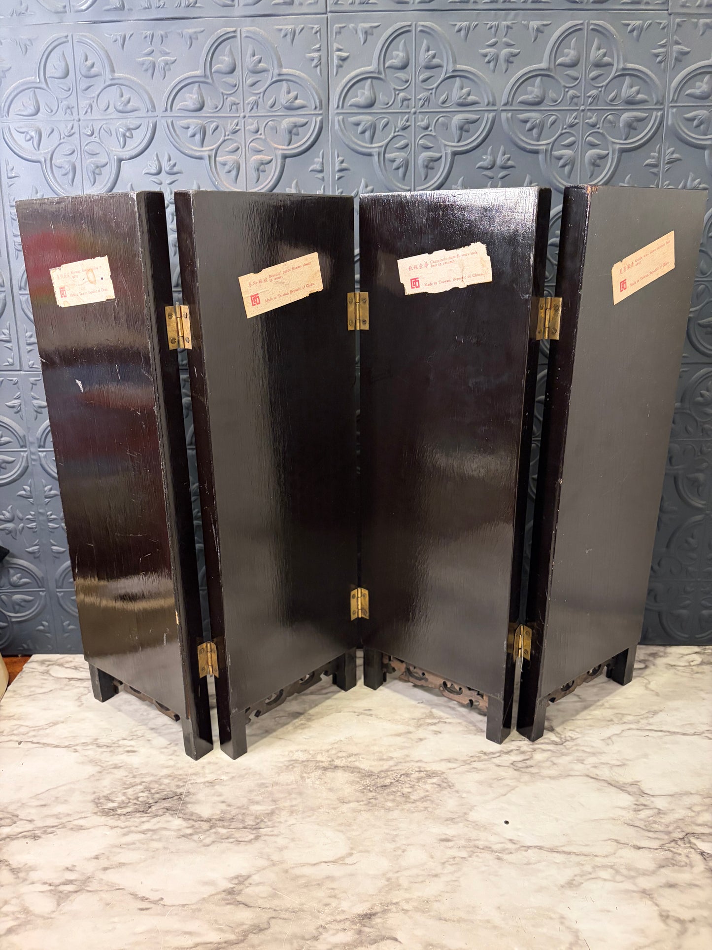 Four Panel Chinese Tabletop Stone Floral Screen