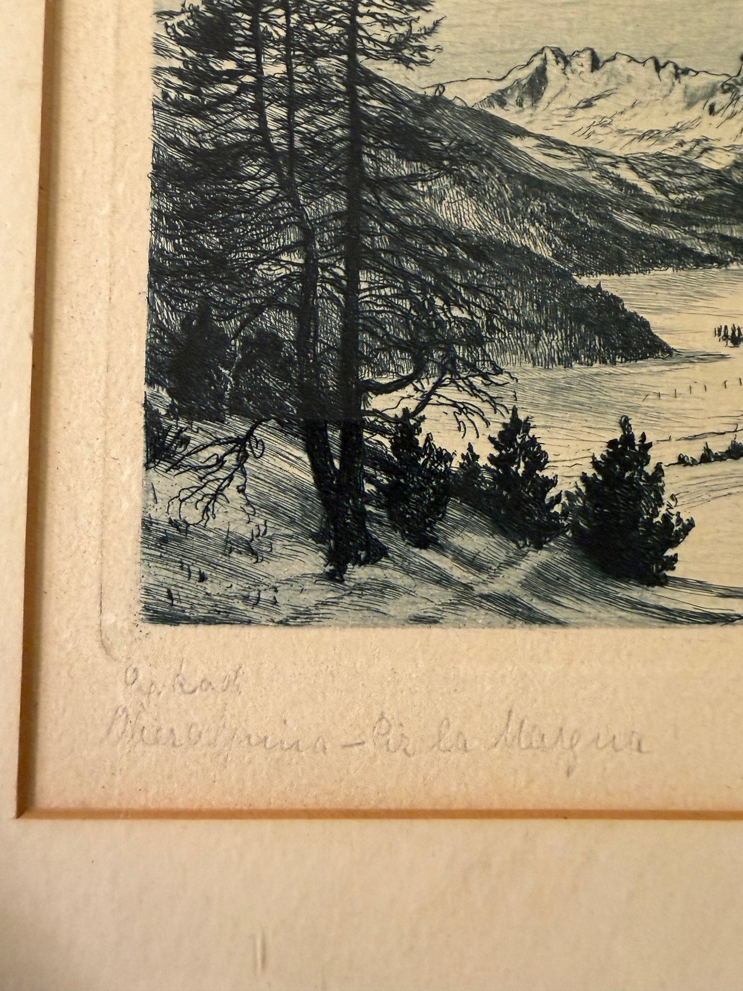 Print of Etching of Swiss Piz La Margna Framed