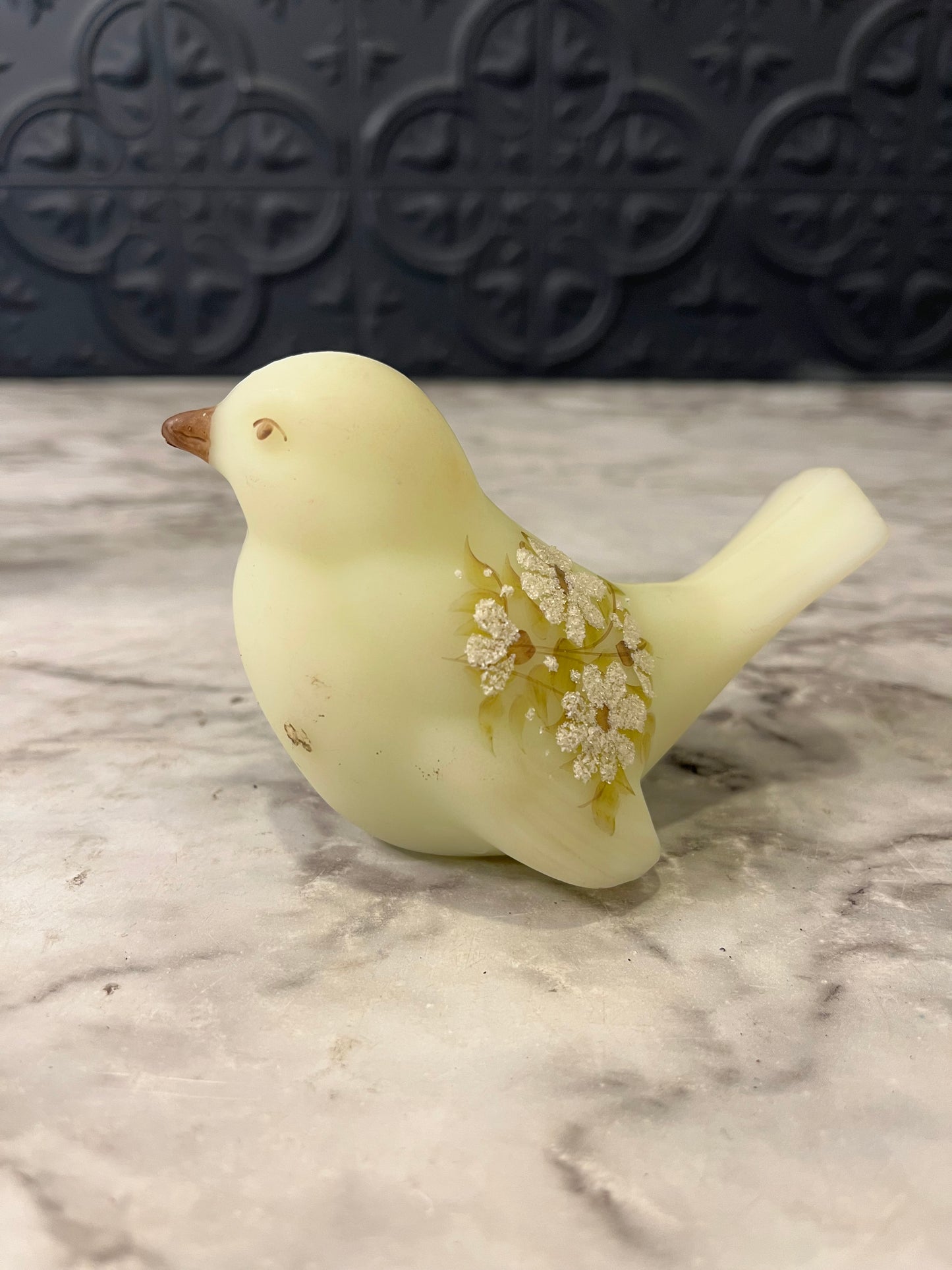 Fenton Custard Satin Glass UV Reactive Songbird