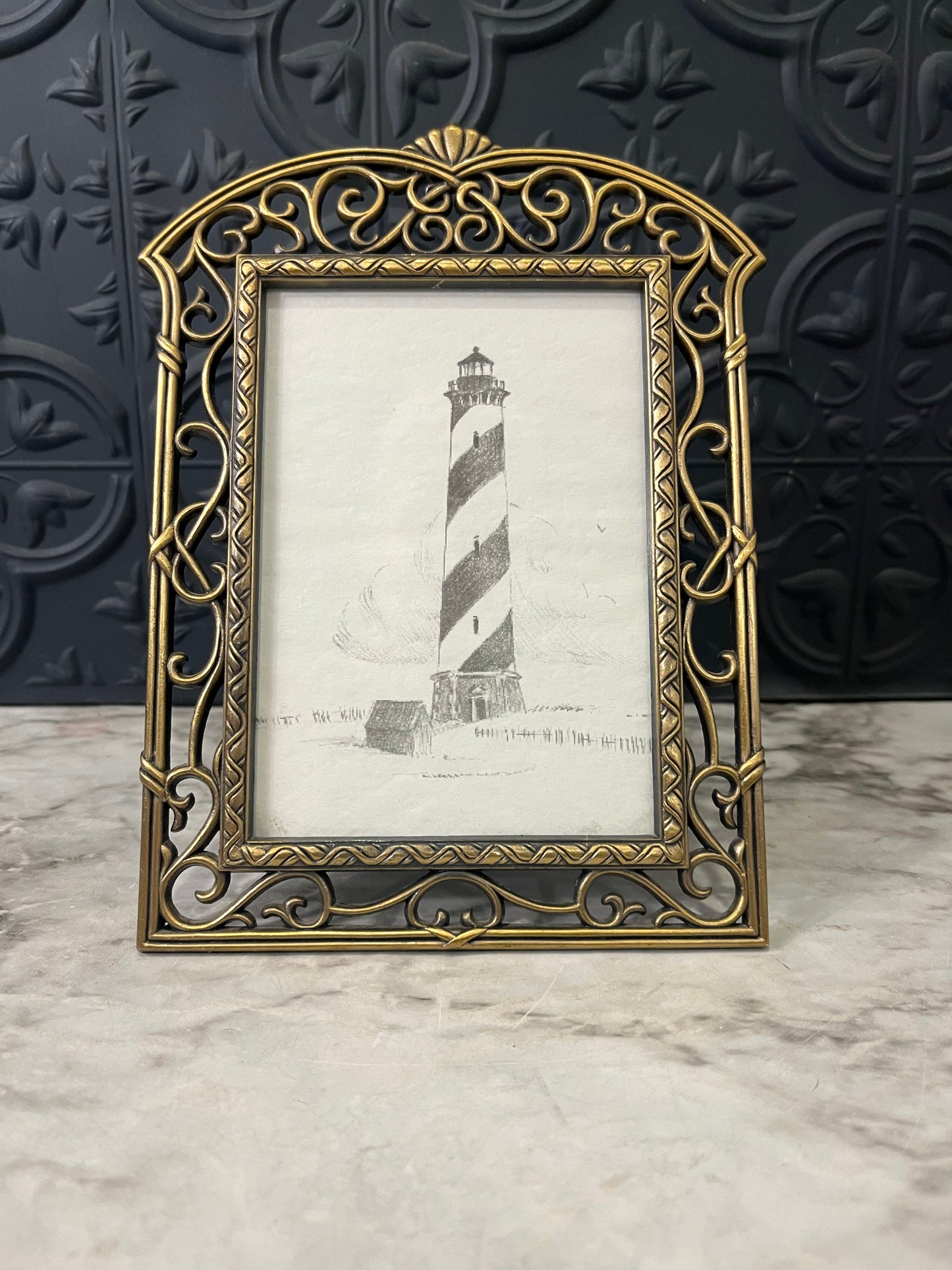 Ornate Bronze Metal Frame with Lighthouse Drawing