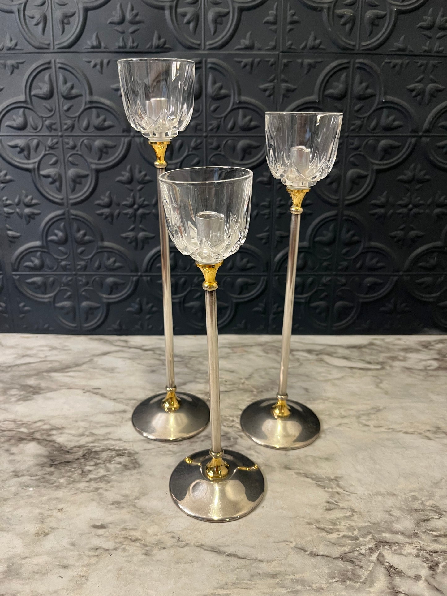 Set of 3 Crystal and Silver Plate Candle Holders