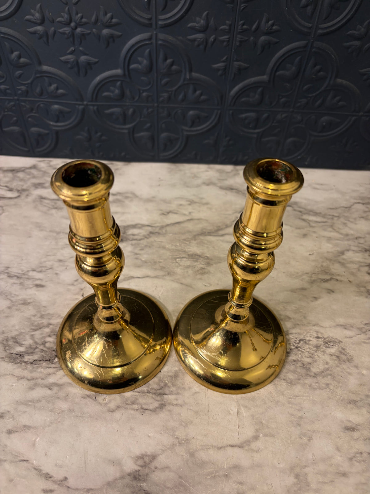7" Heavy Brass Candlestick Pair