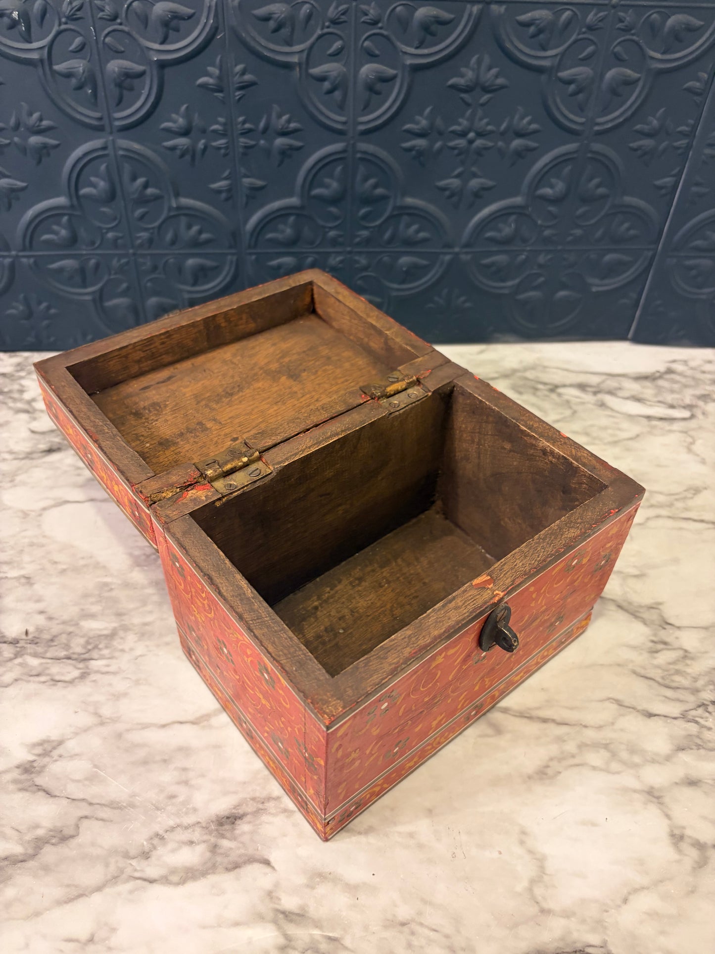 Orange Hand Painted Wood Box with Green Flowers
