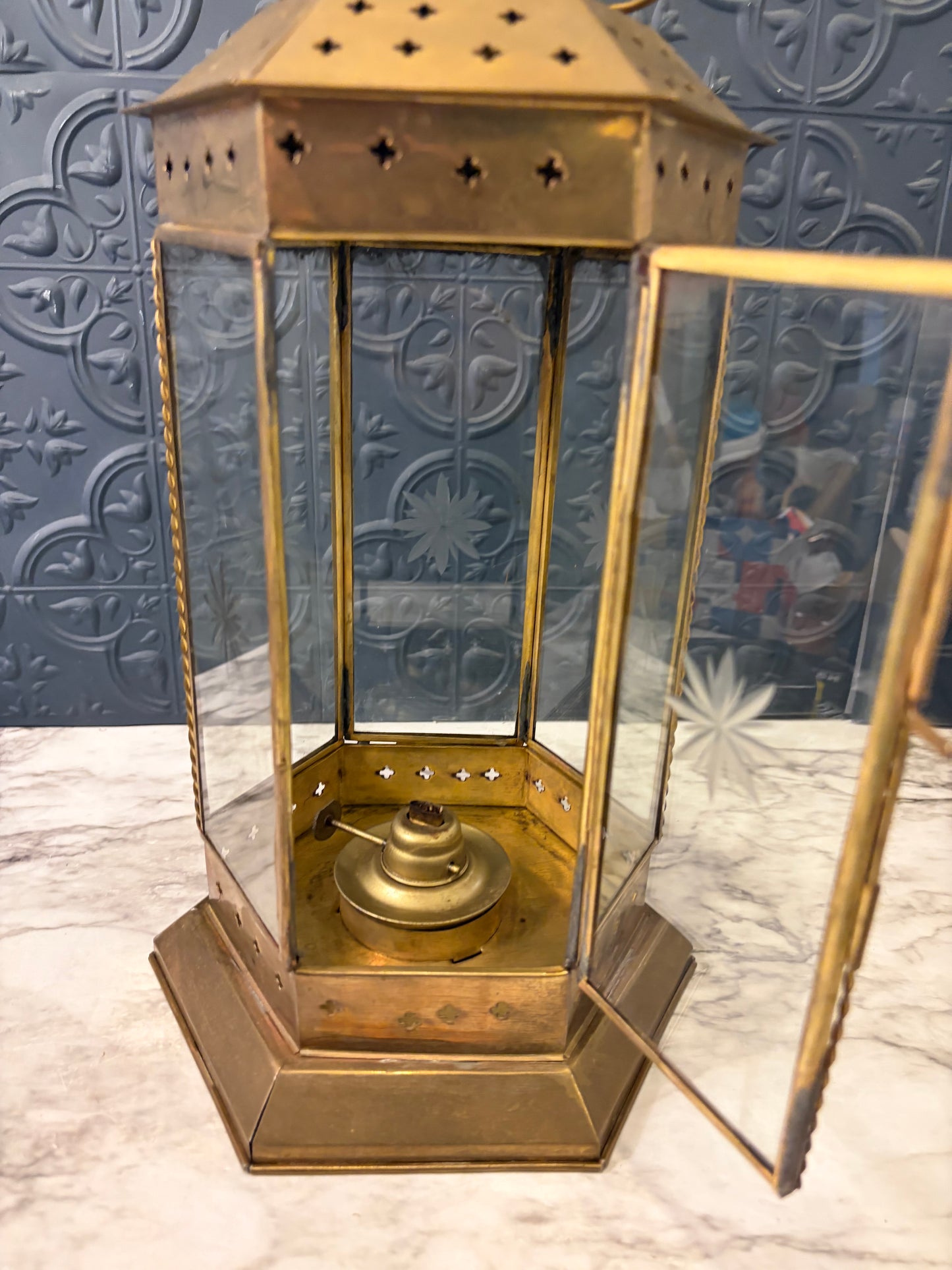 Brass Oil Lantern with Etched Glass