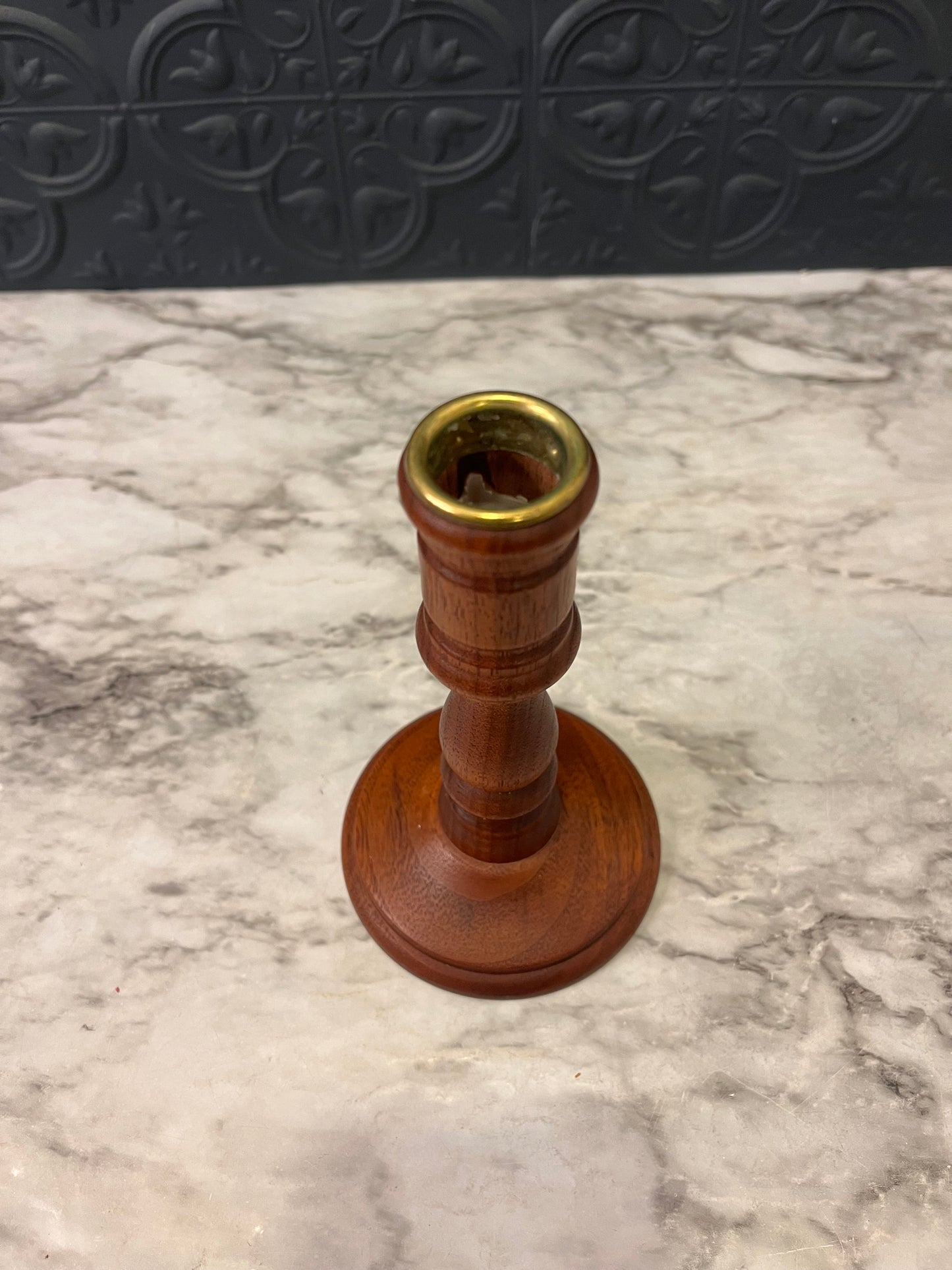 Wood Candle Holder with Gold Cup 6"