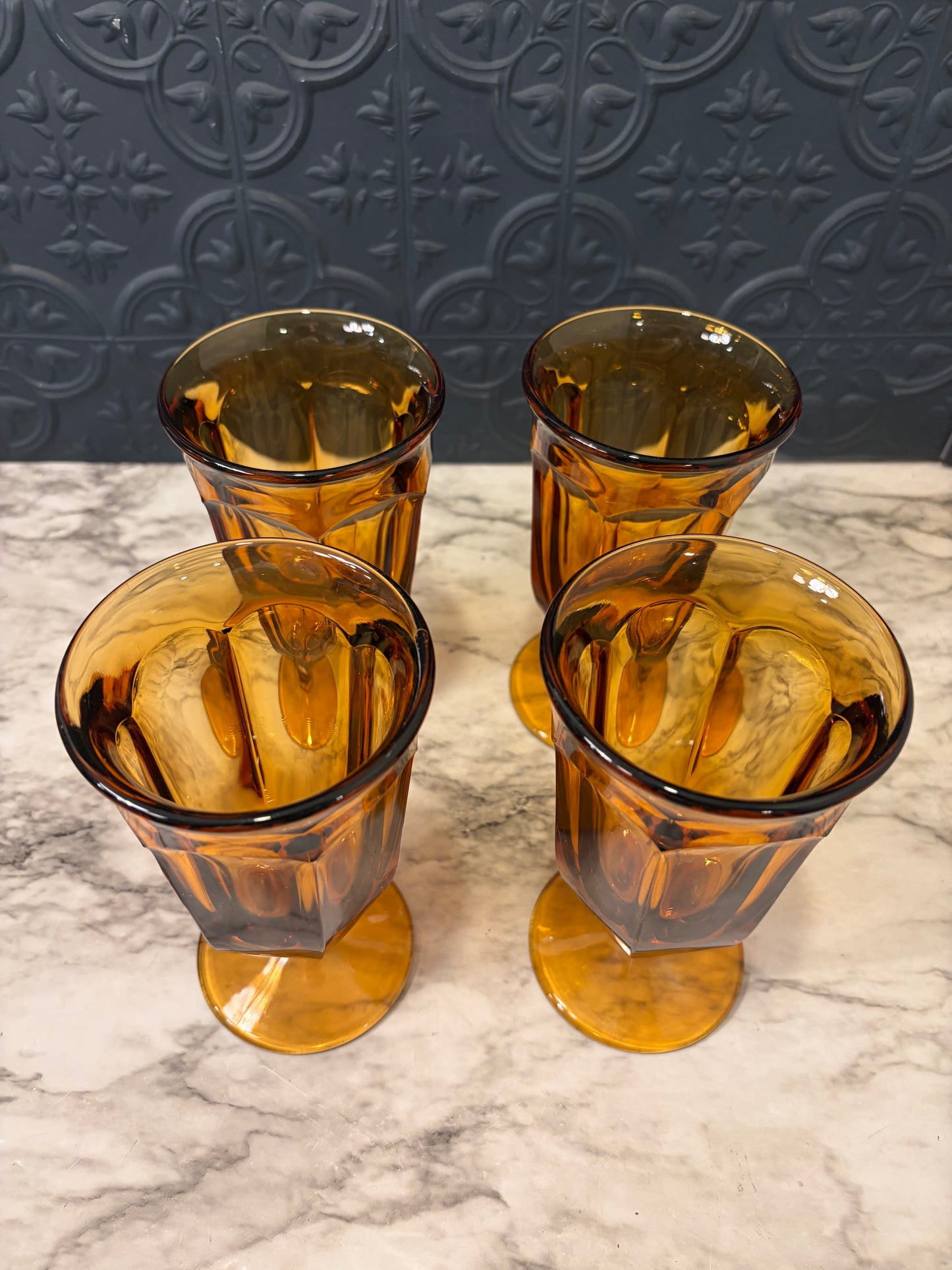 Amber Glass Goblets Old Williamsburg Pattern x4