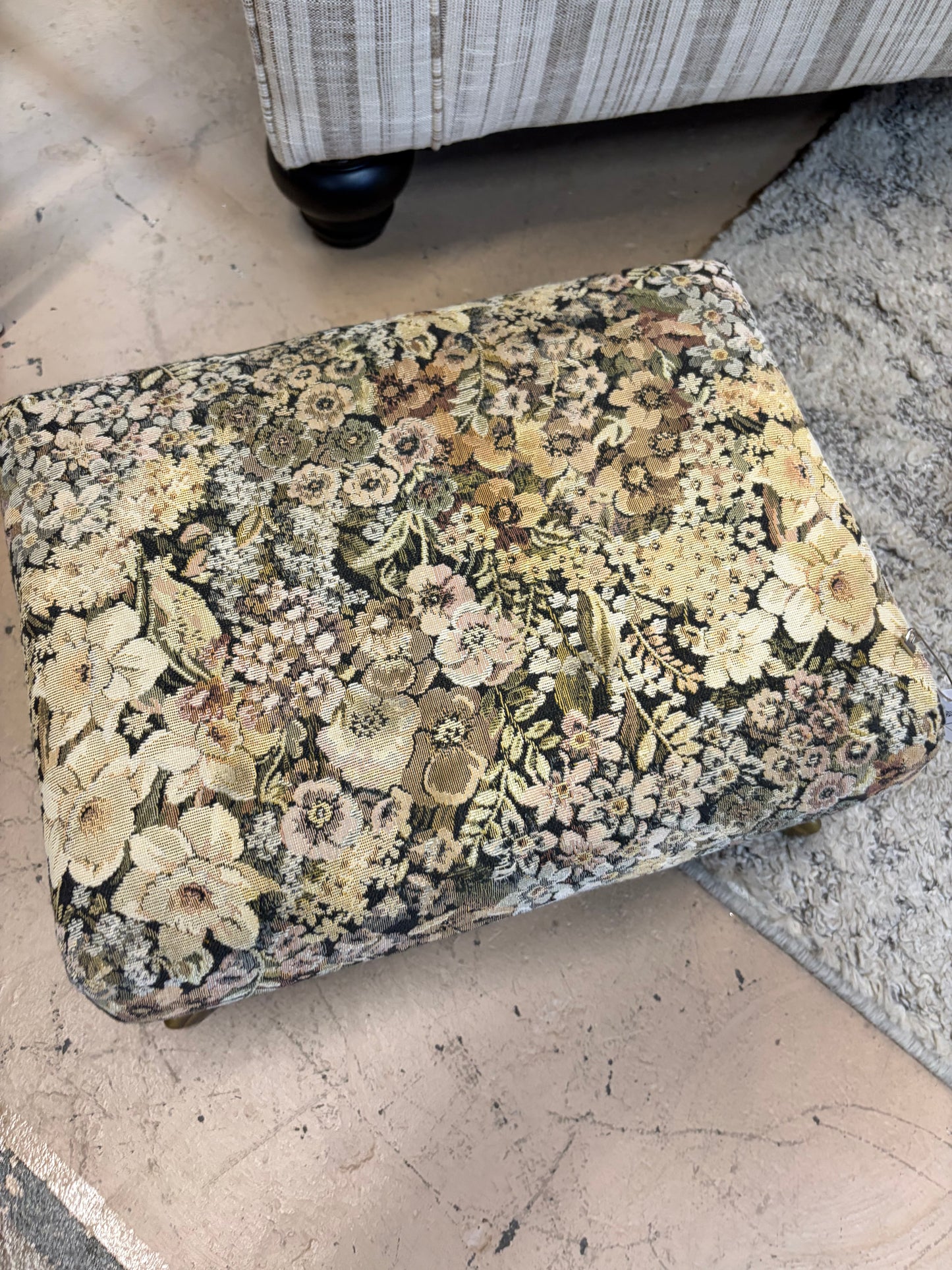 Tan and Black Floral Stool with Metal Legs