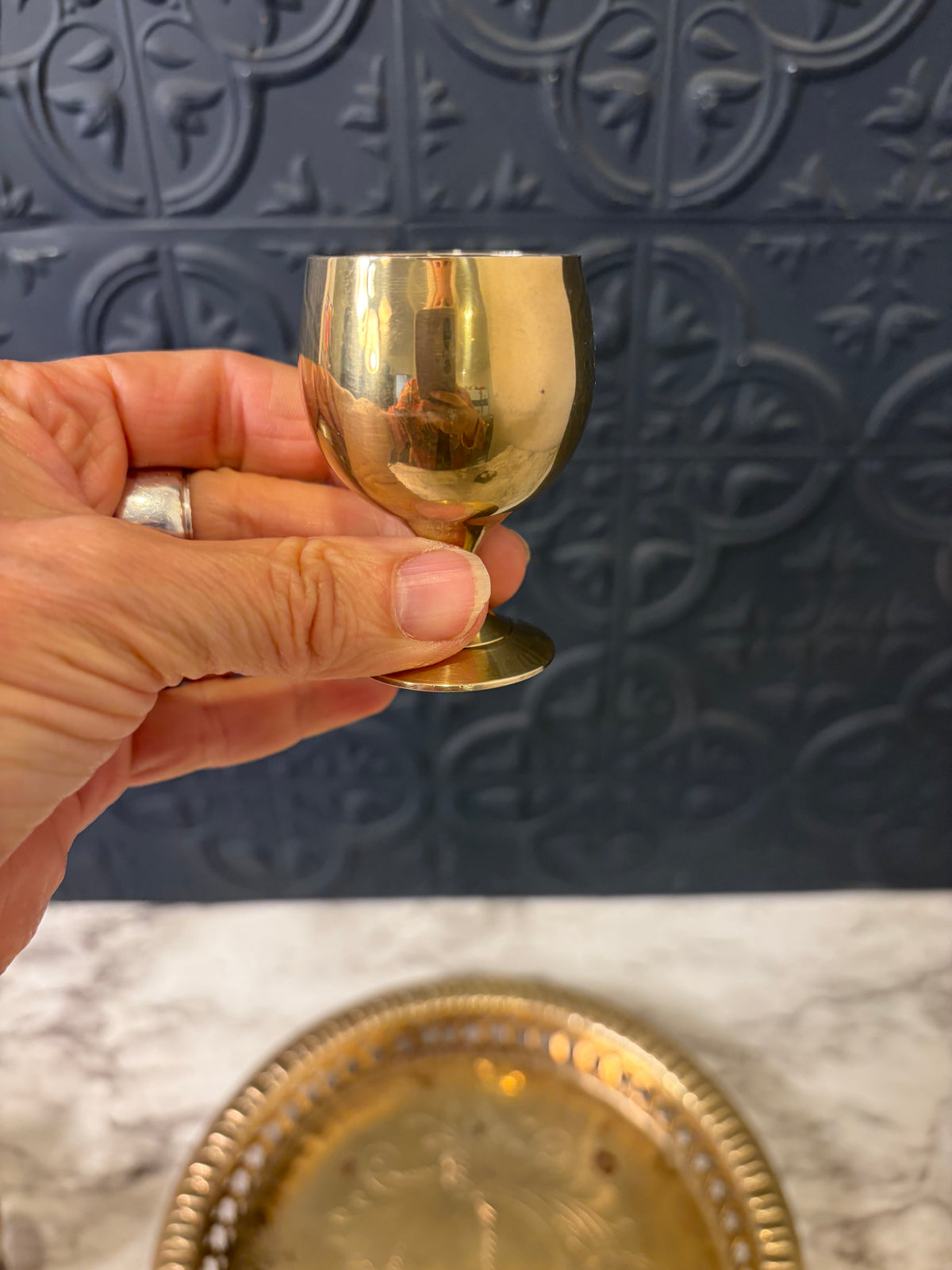 Etched Brass Tray with 6 Mini Brass Goblets