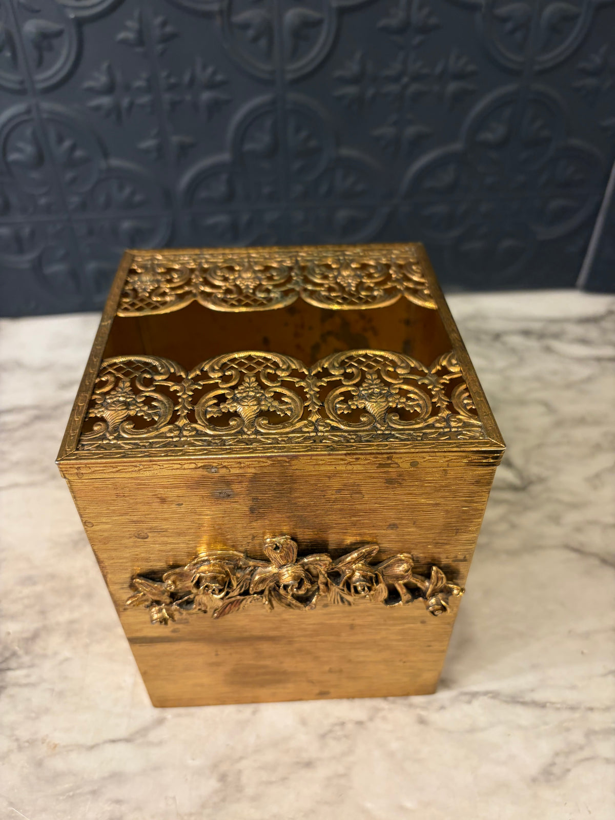 Brass Tissue Box Cover with Roses