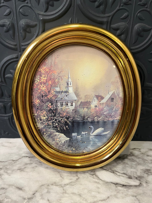Oval Swan and 4 ducks in Gold Frame