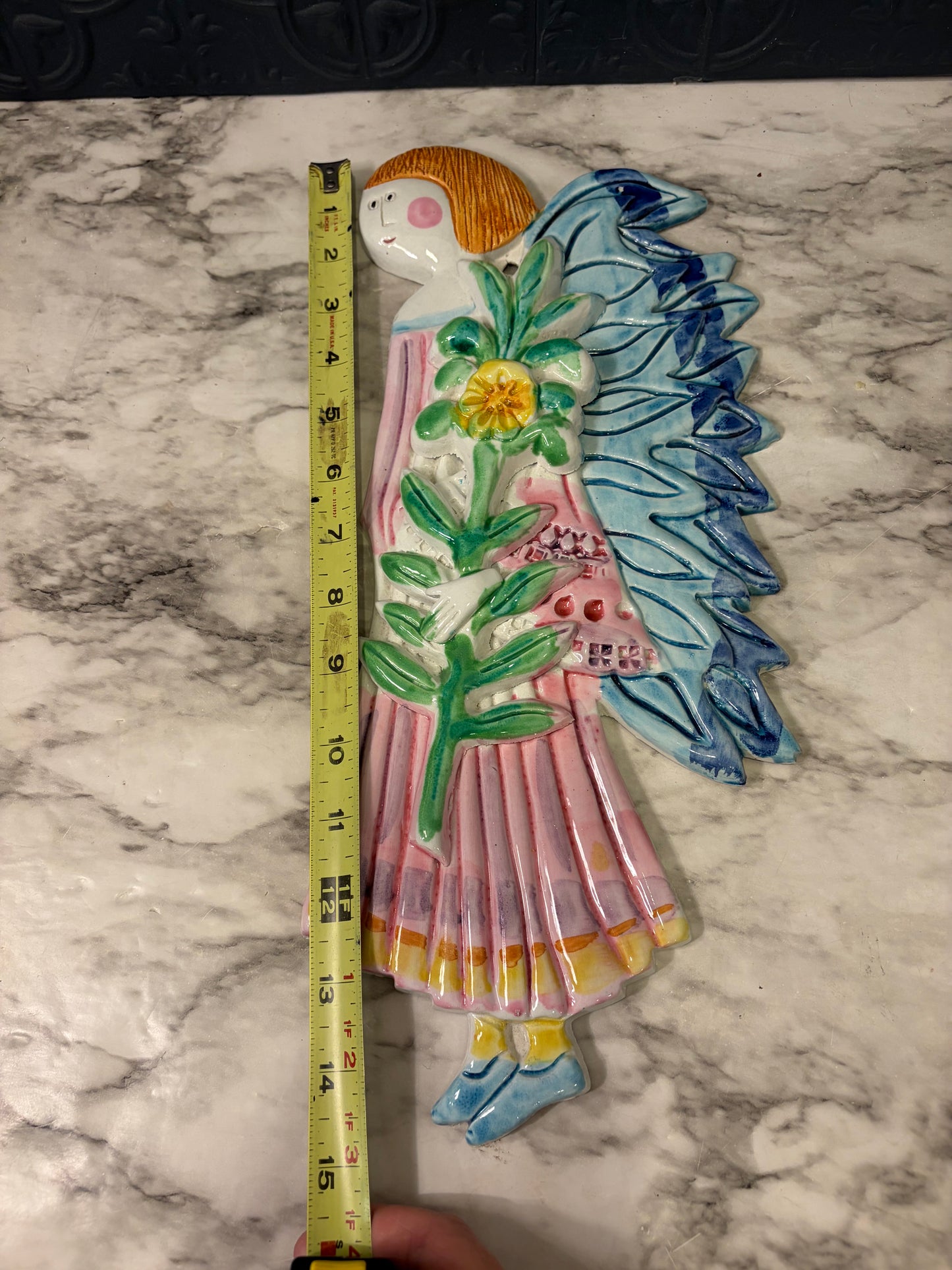 Ceramic Italian Folk Art Angel Wall Hanging Blue