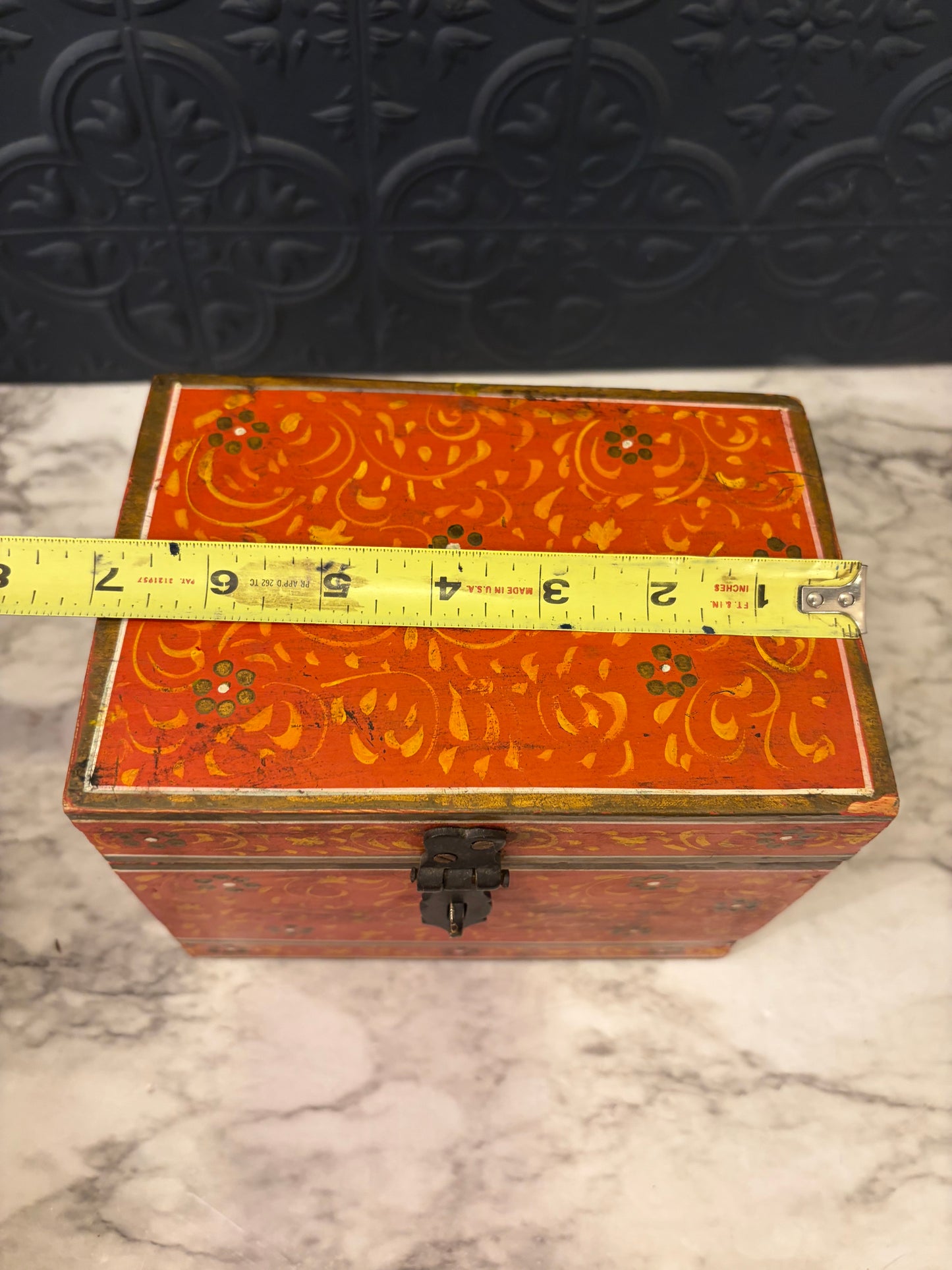 Orange Hand Painted Wood Box with Green Flowers