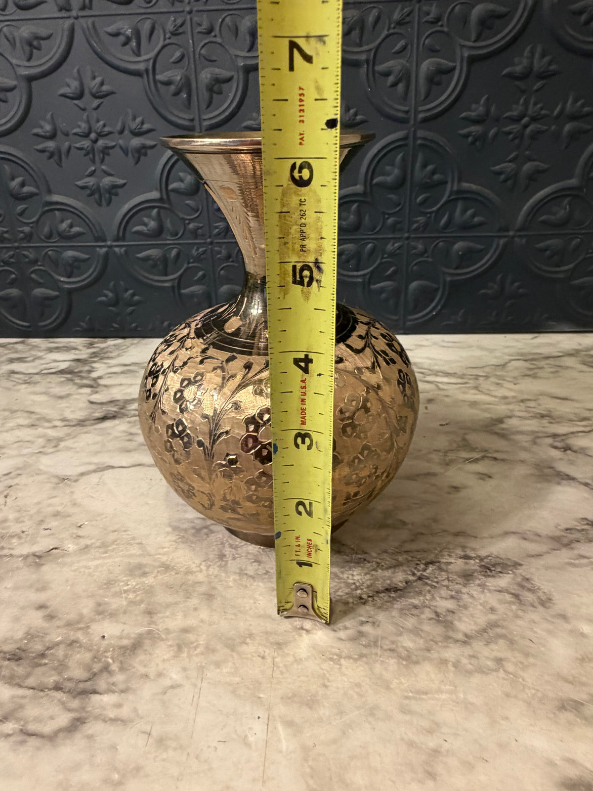 Brass Vase with Etched Flowers and Round Bottom