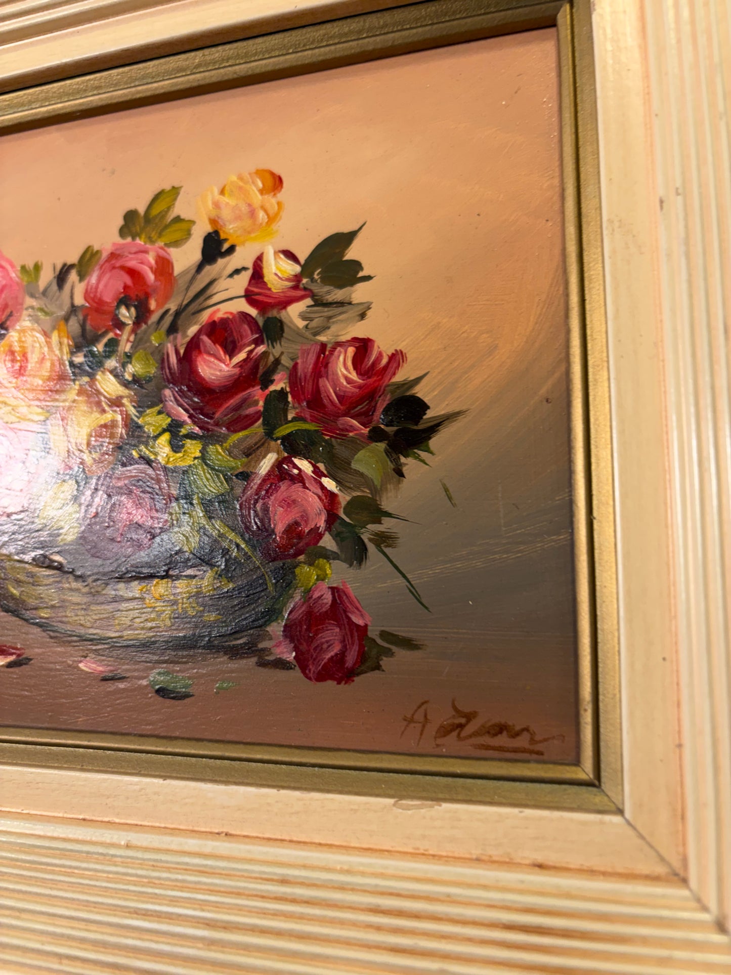 Red, Yellow Floral Oil Print in Cream Frame