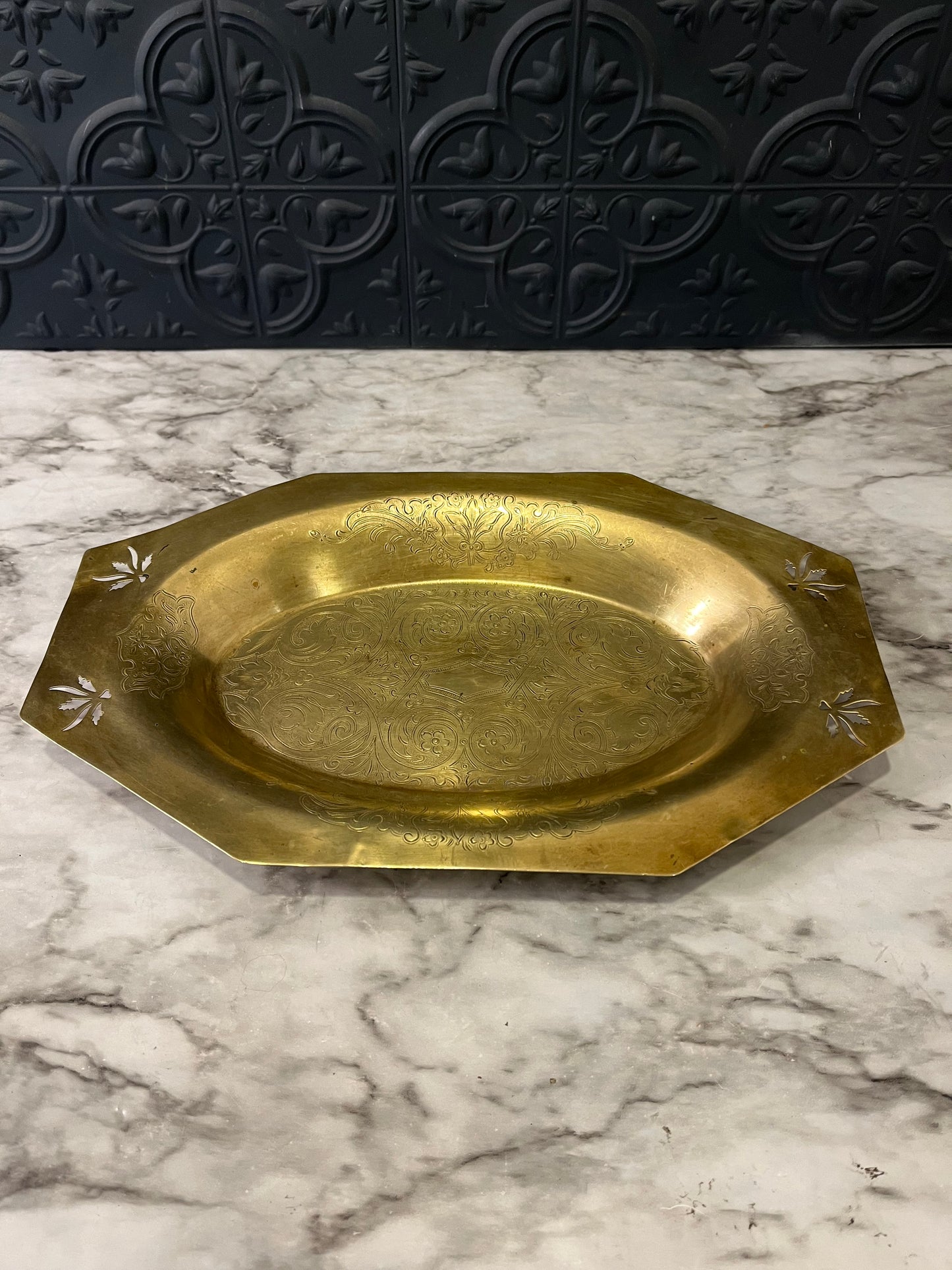 Octagon brass tray with cutout leaves