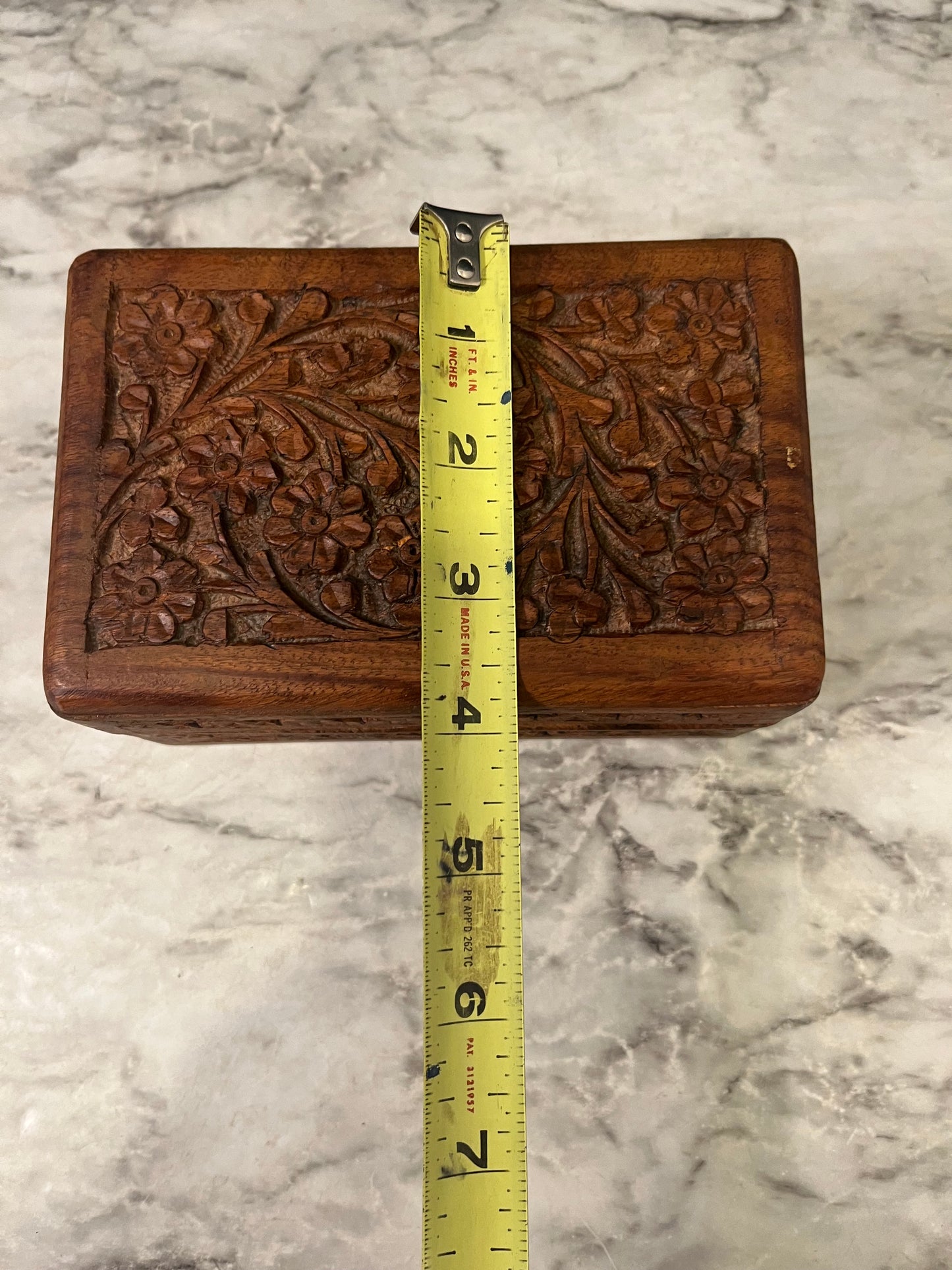 Carved Wood Box with Flowers 6"