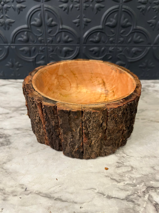 Round Wood Serving Bowl with Bark Edges