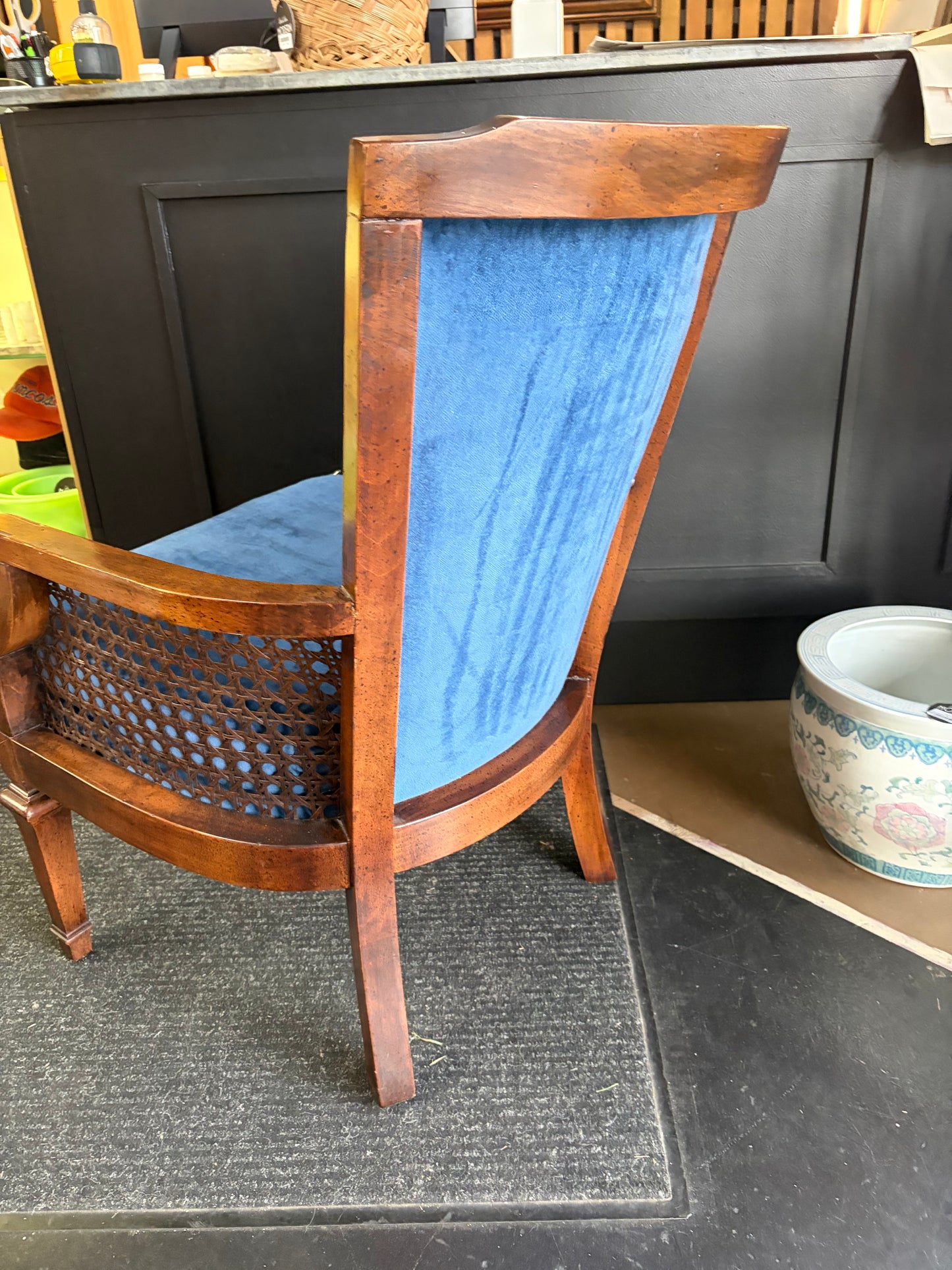 Dark Blue Velvet Tufted Chair with Cane