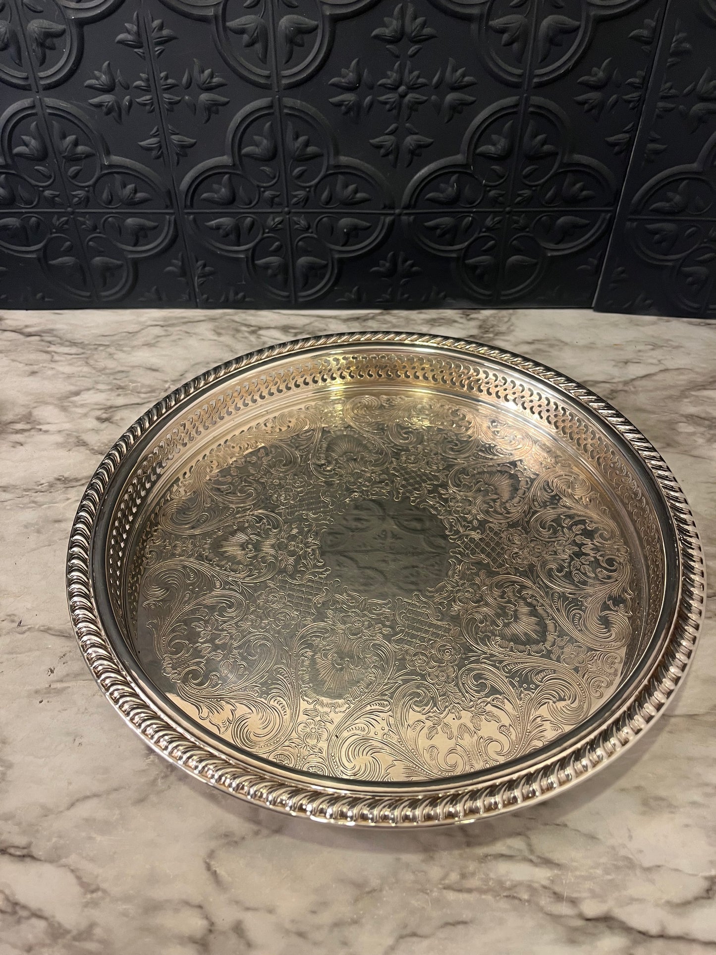 Etched Silver Plate Serving Tray Round 12"