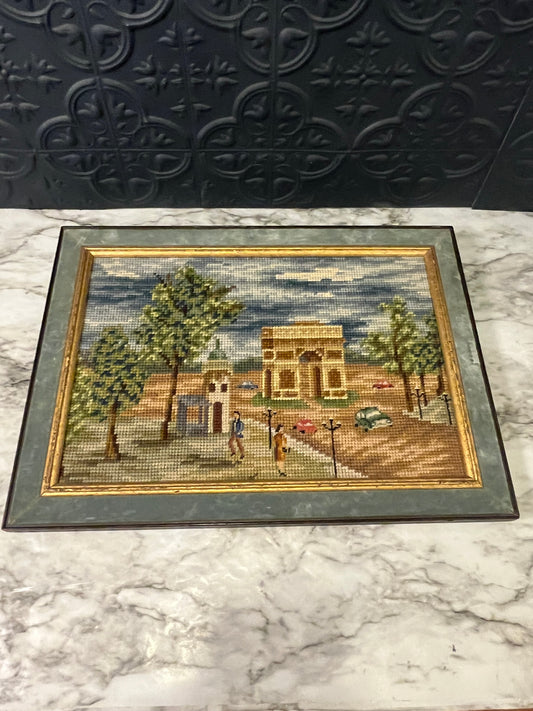Vintage Needlepoint with Turqouise Velvet Frame