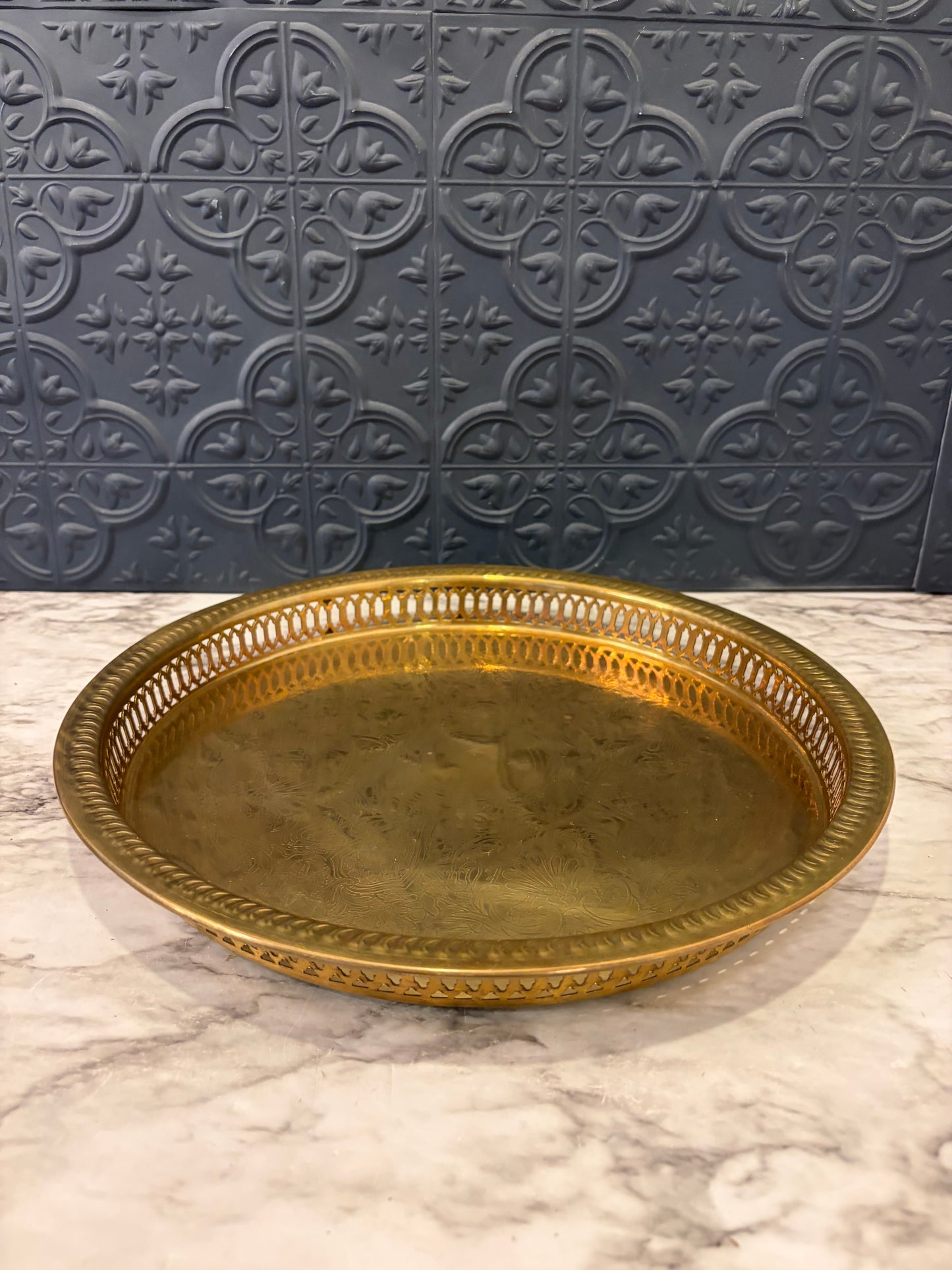 Round Brass Etched Tray with Cutout Rim 12"