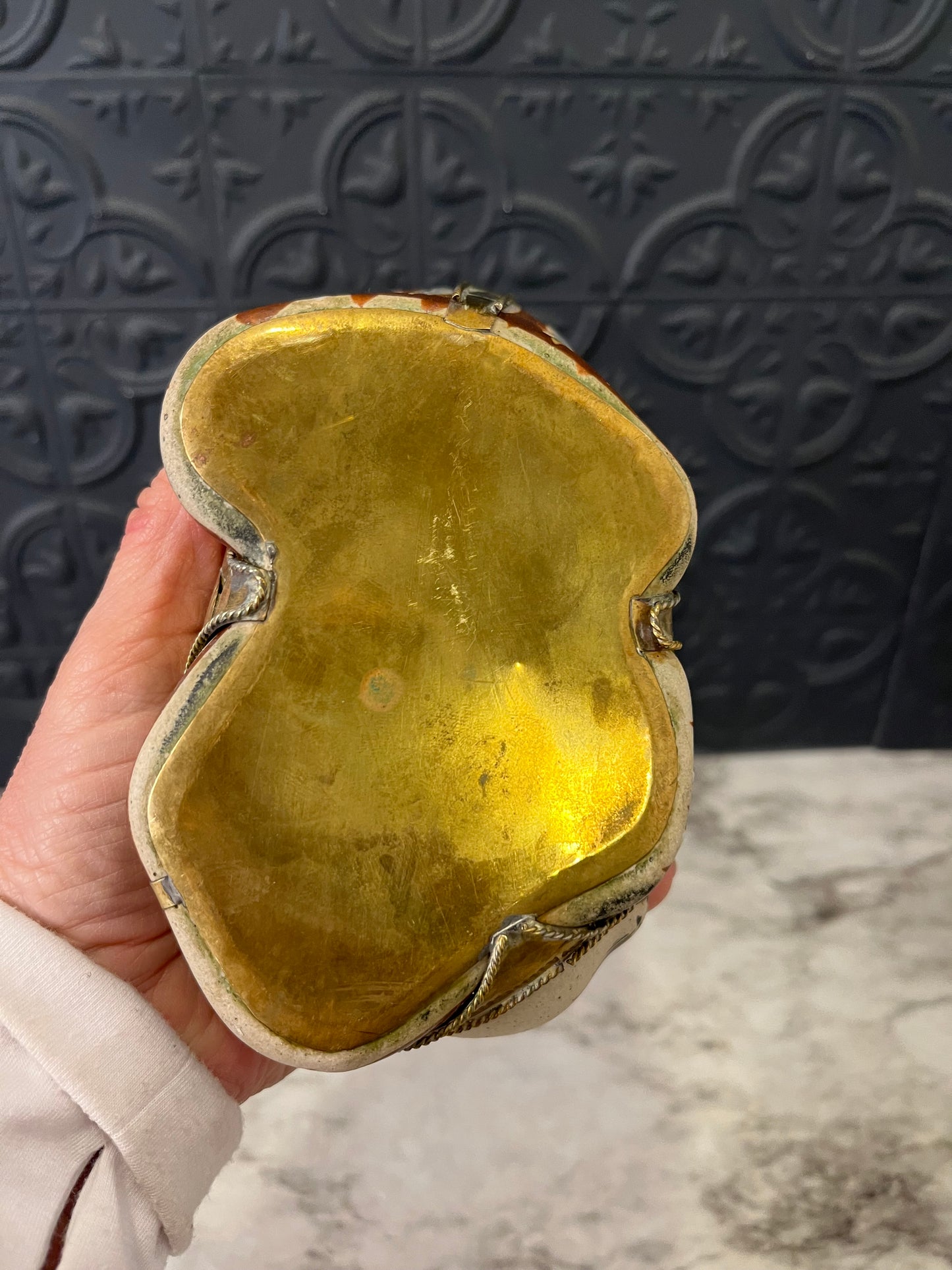 Vintage Tonala Mexican Stretching Ceranic Cat with Brass Scales