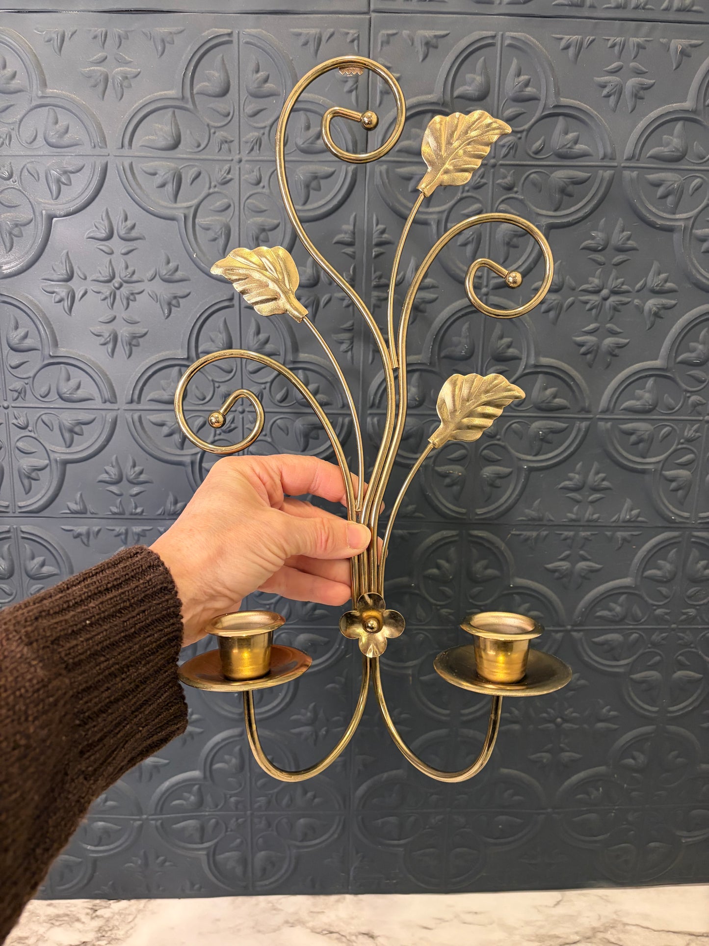 Brass Wall Sconce with Leaves and two Candle holders