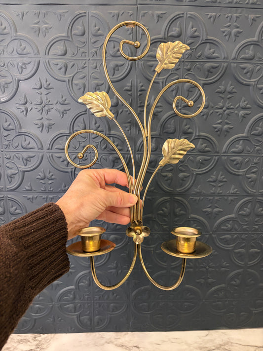 Brass Wall Sconce with Leaves and two Candle holders