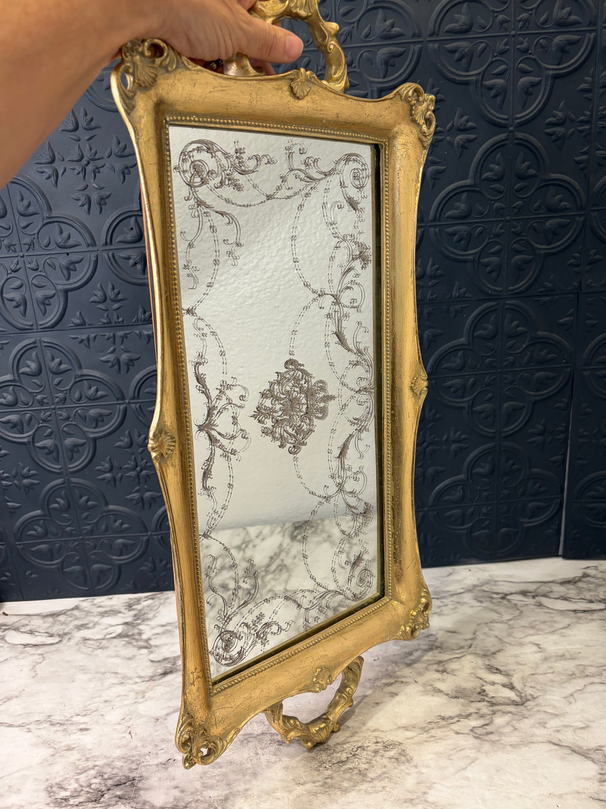 Rectangle Ornate Gold Tone Tray with Gold Design on Mirror AS IS