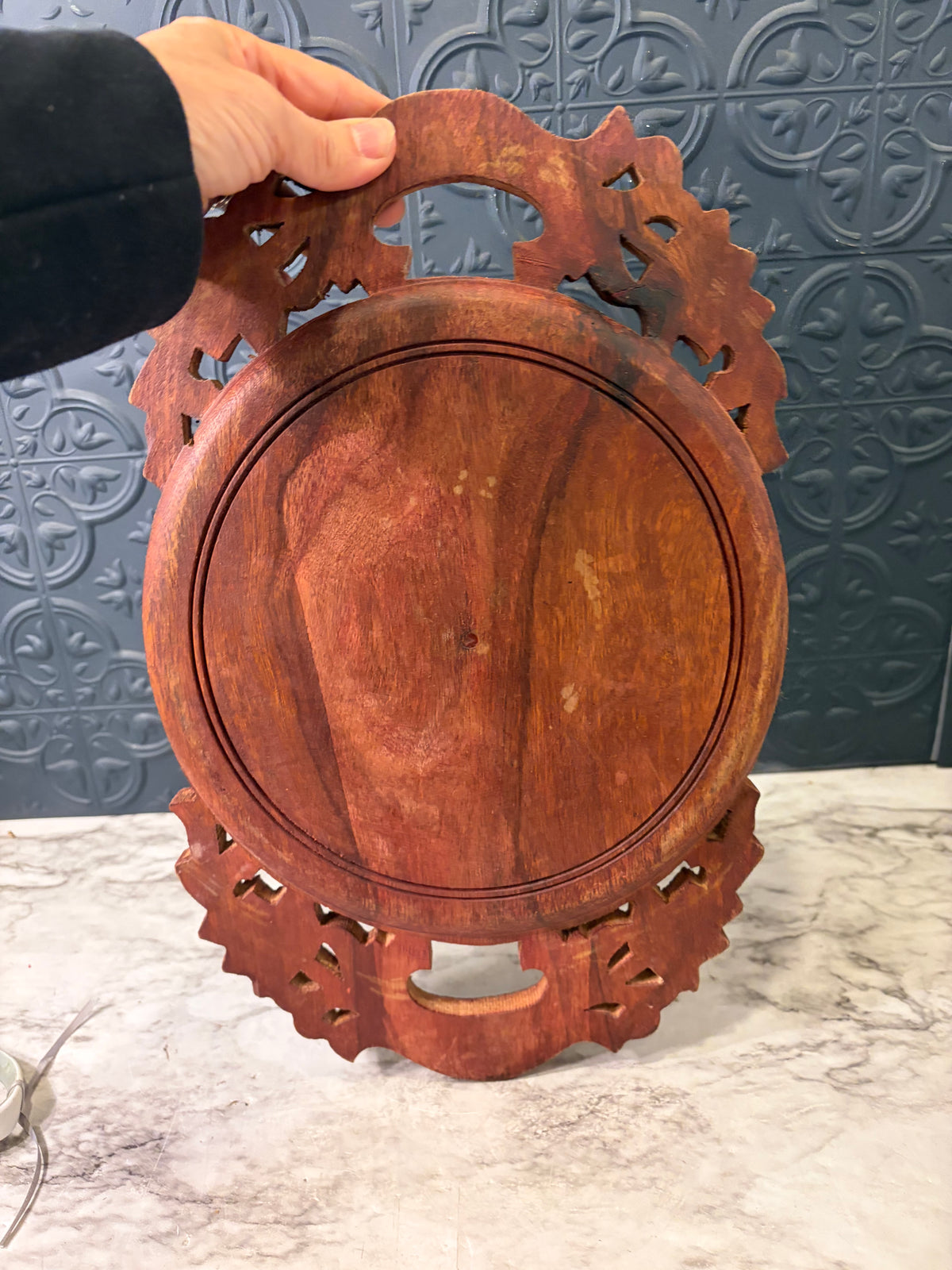 Hand Carved Wood Tray with Leaf Inlay
