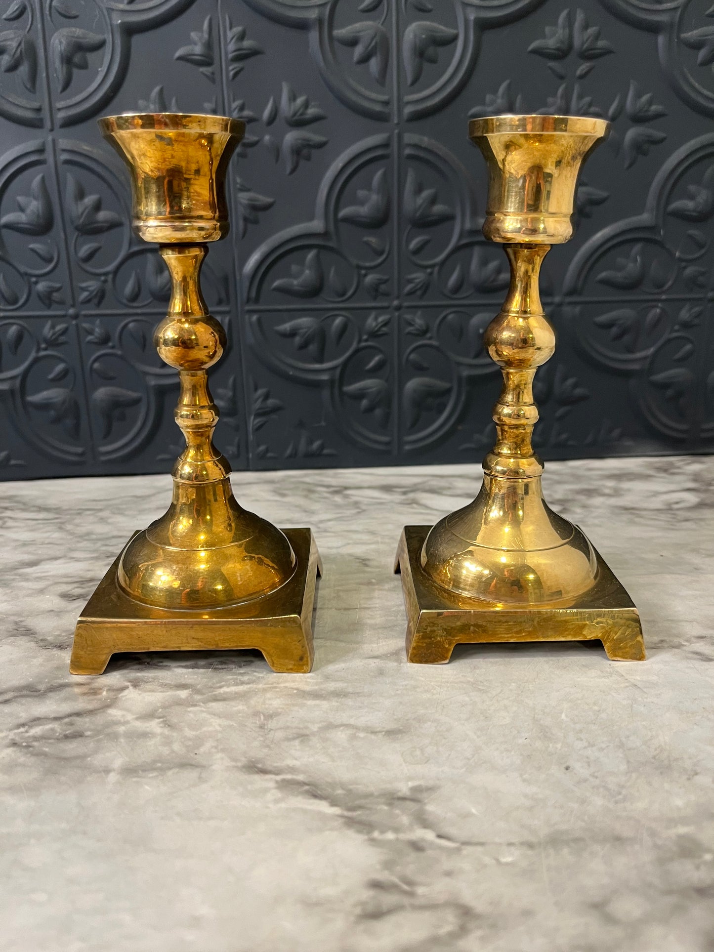 Set of 2 Brass Candle Holders Square Base 5.5