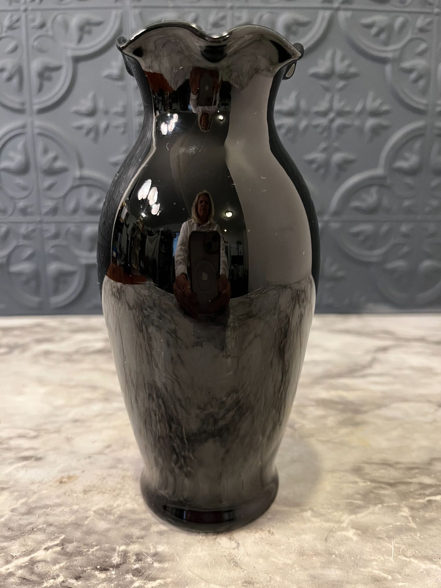 Black Glass Vase With Ruffled Top