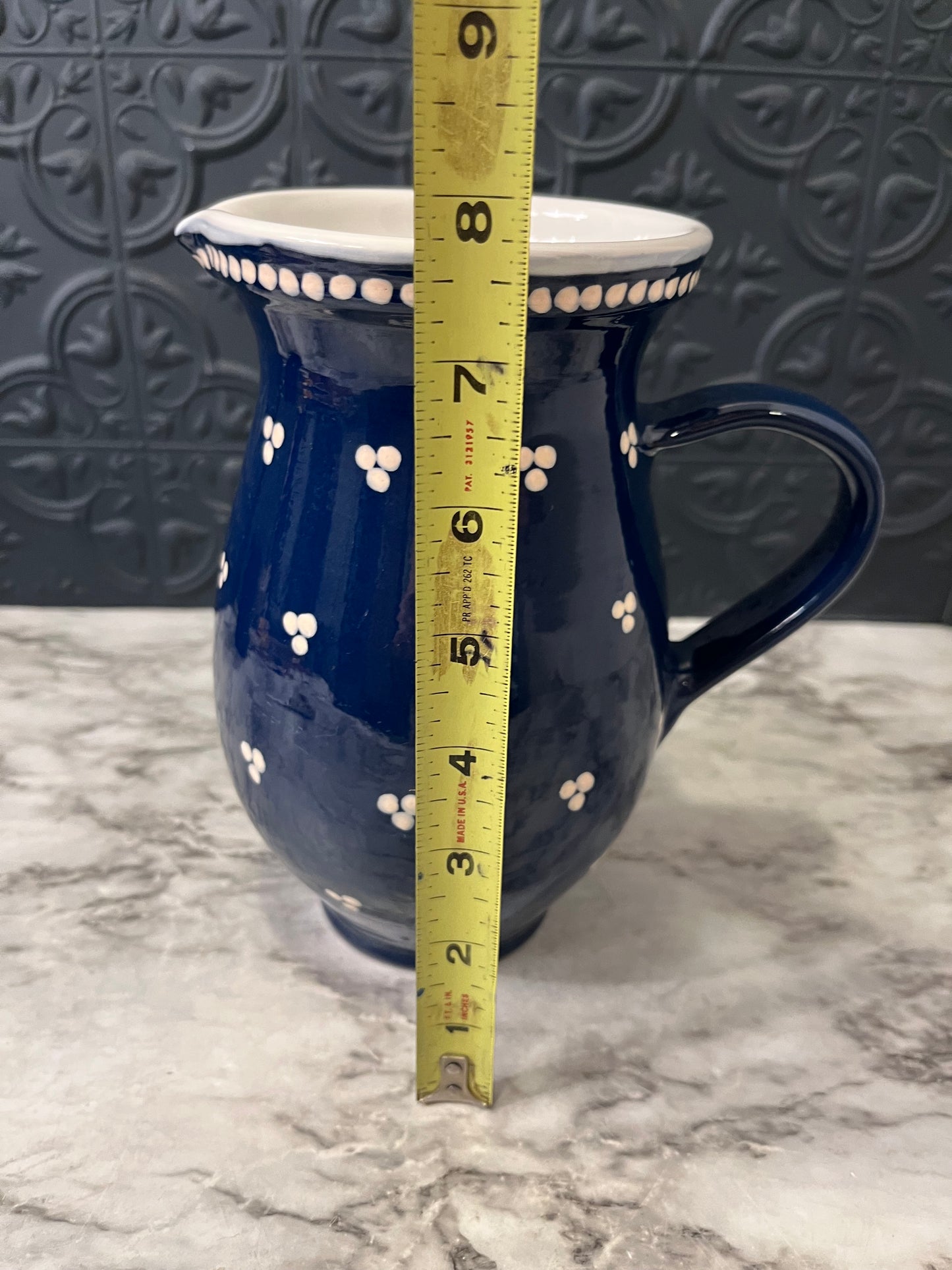 Blue and White Pitcher with White Dot Design