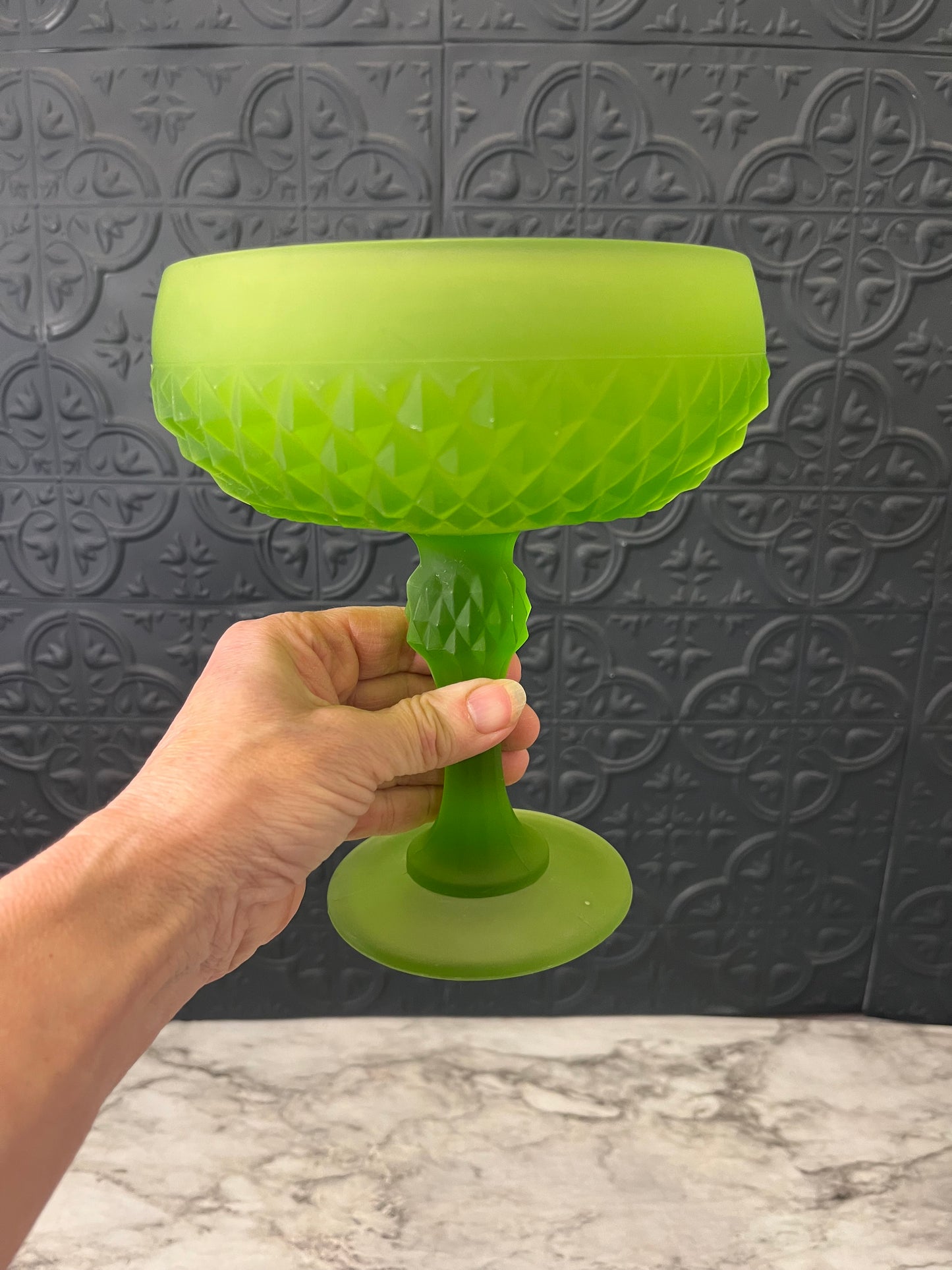 Indiana Glass Satin Green Diamond Point Pedestal dish