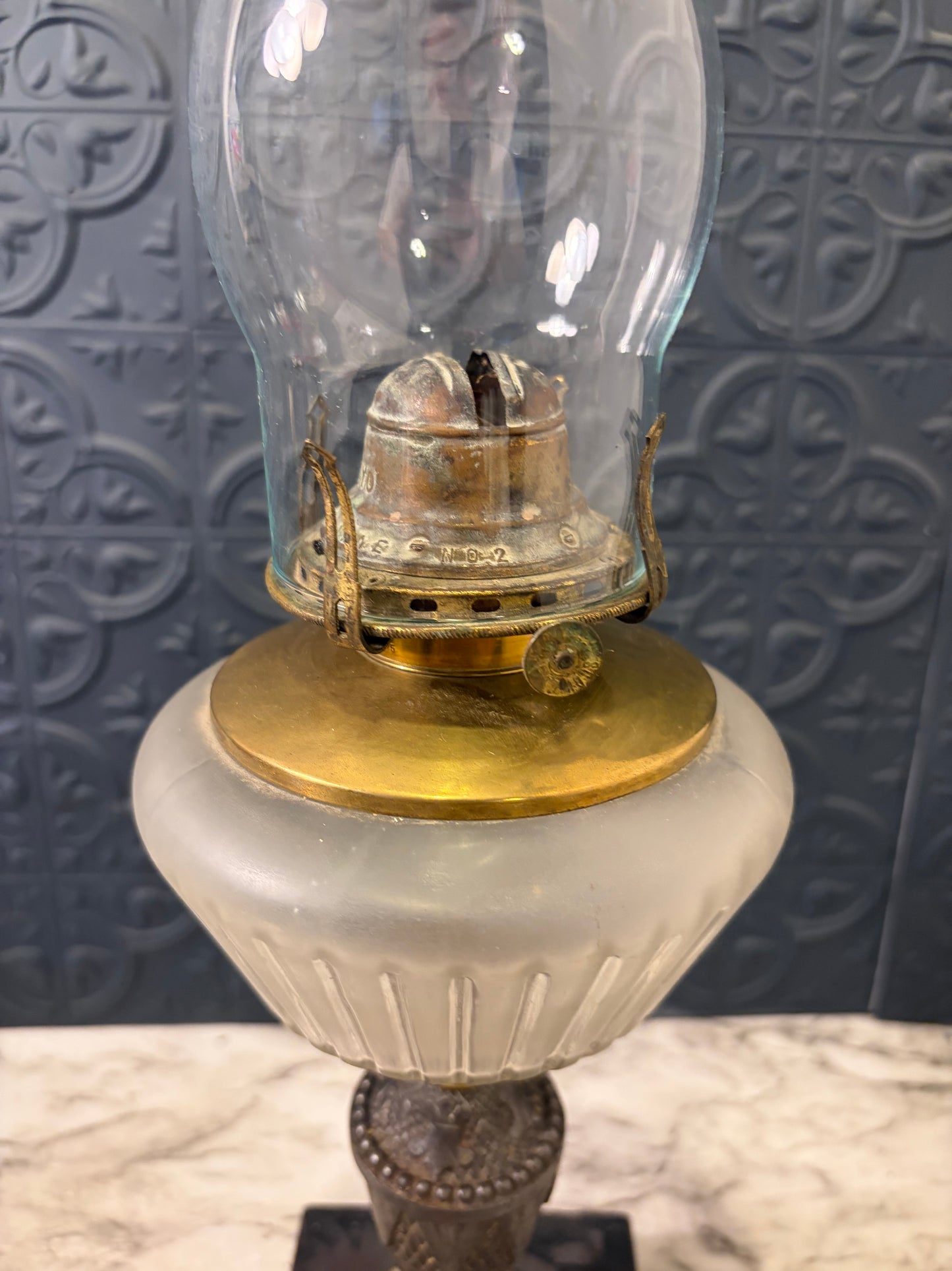 Antique Oil Lamp with Dark Stem
