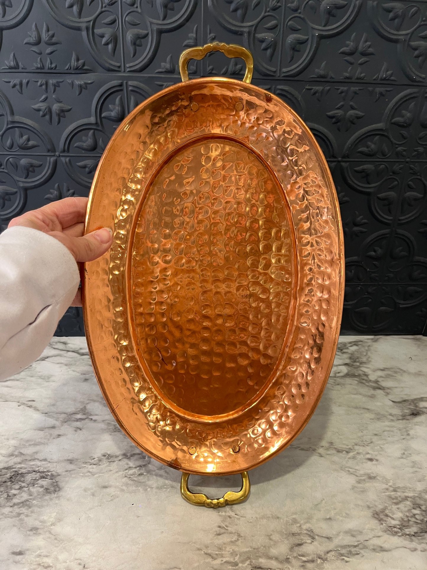 Oval Hammered Copper Tray with Brass Handles 13"