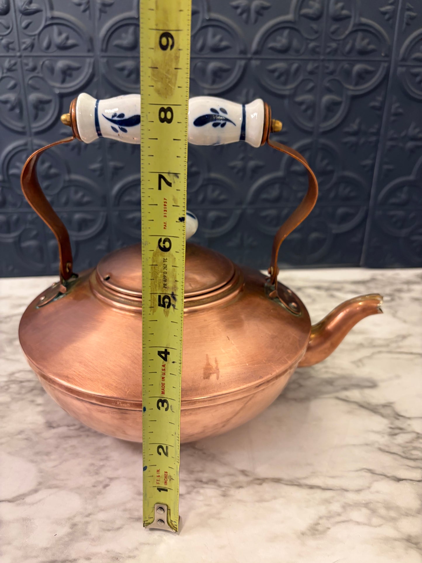 Copper Teapot Kettle with Porcelain Handles