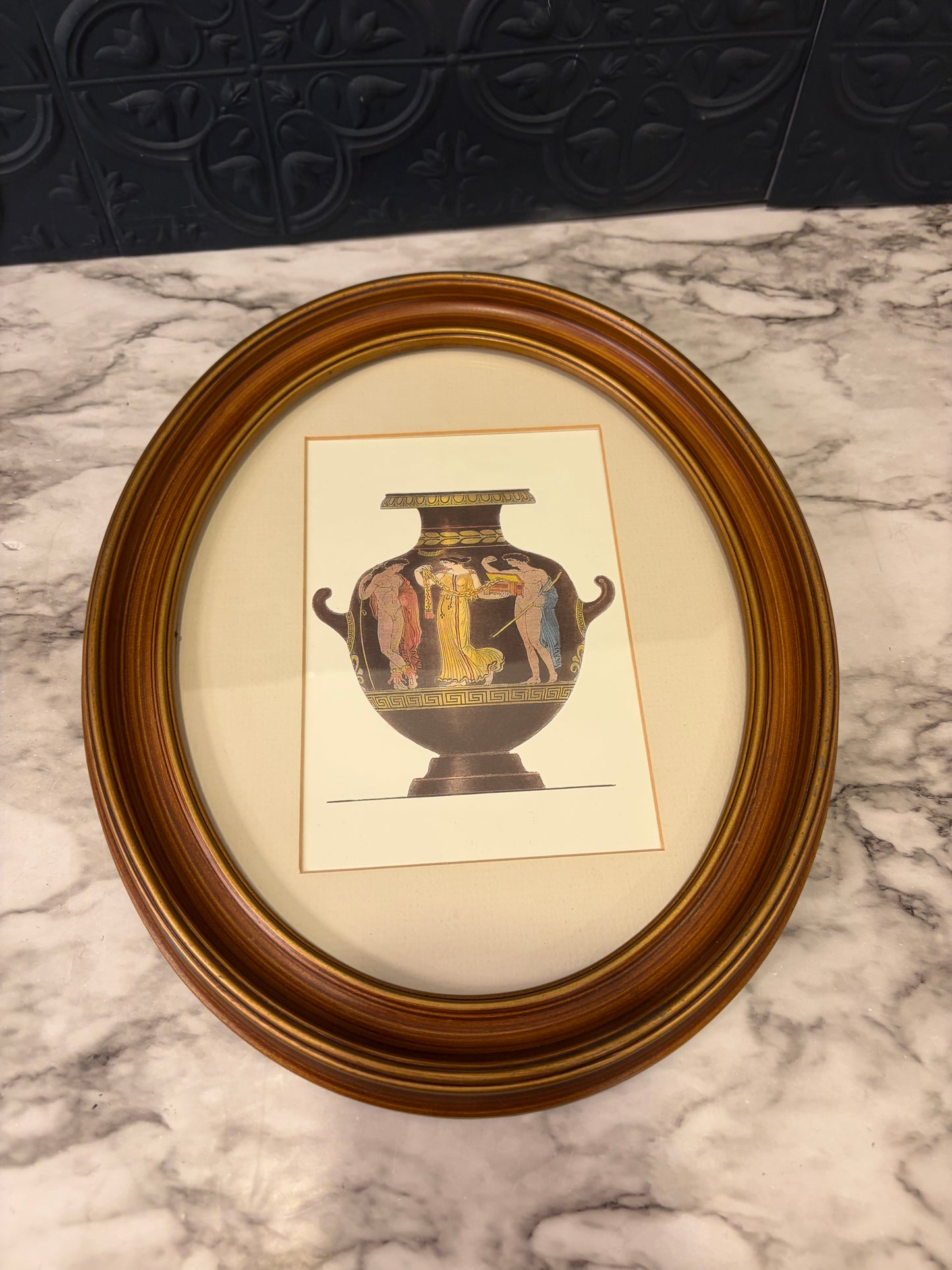 Oval Framed Greek Vase with 3 Figures