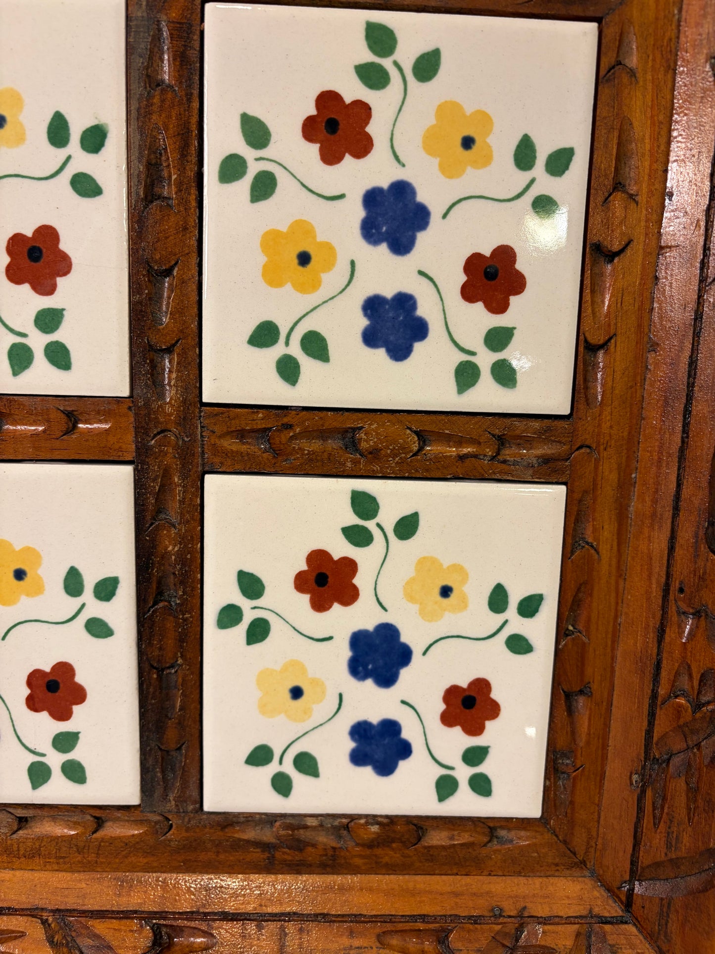 Wood Carved Serving Tray with Foral Ceramic Tiles