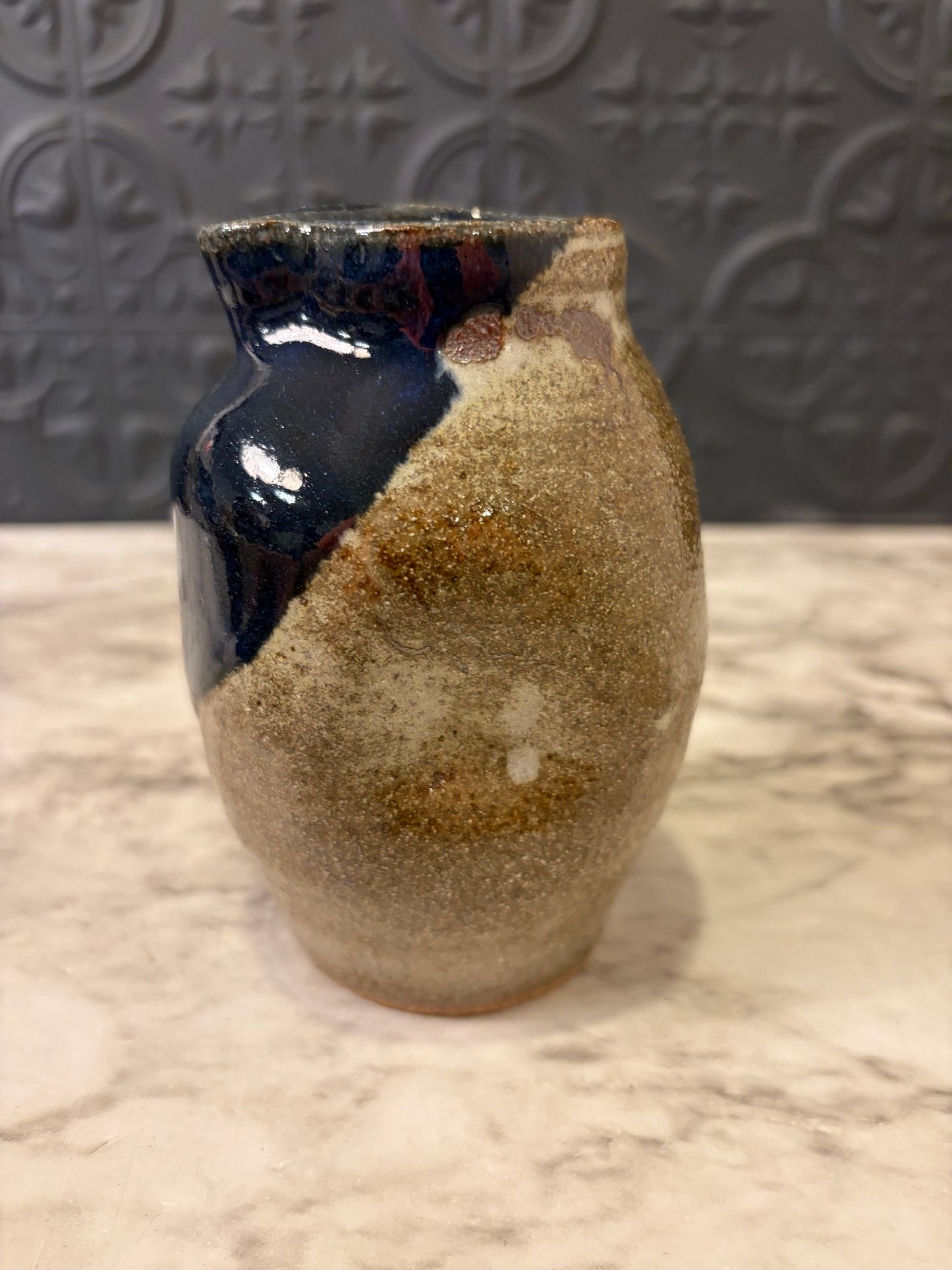 Blue and Brown Pottery Pitcher- Matoba KE Stamped
