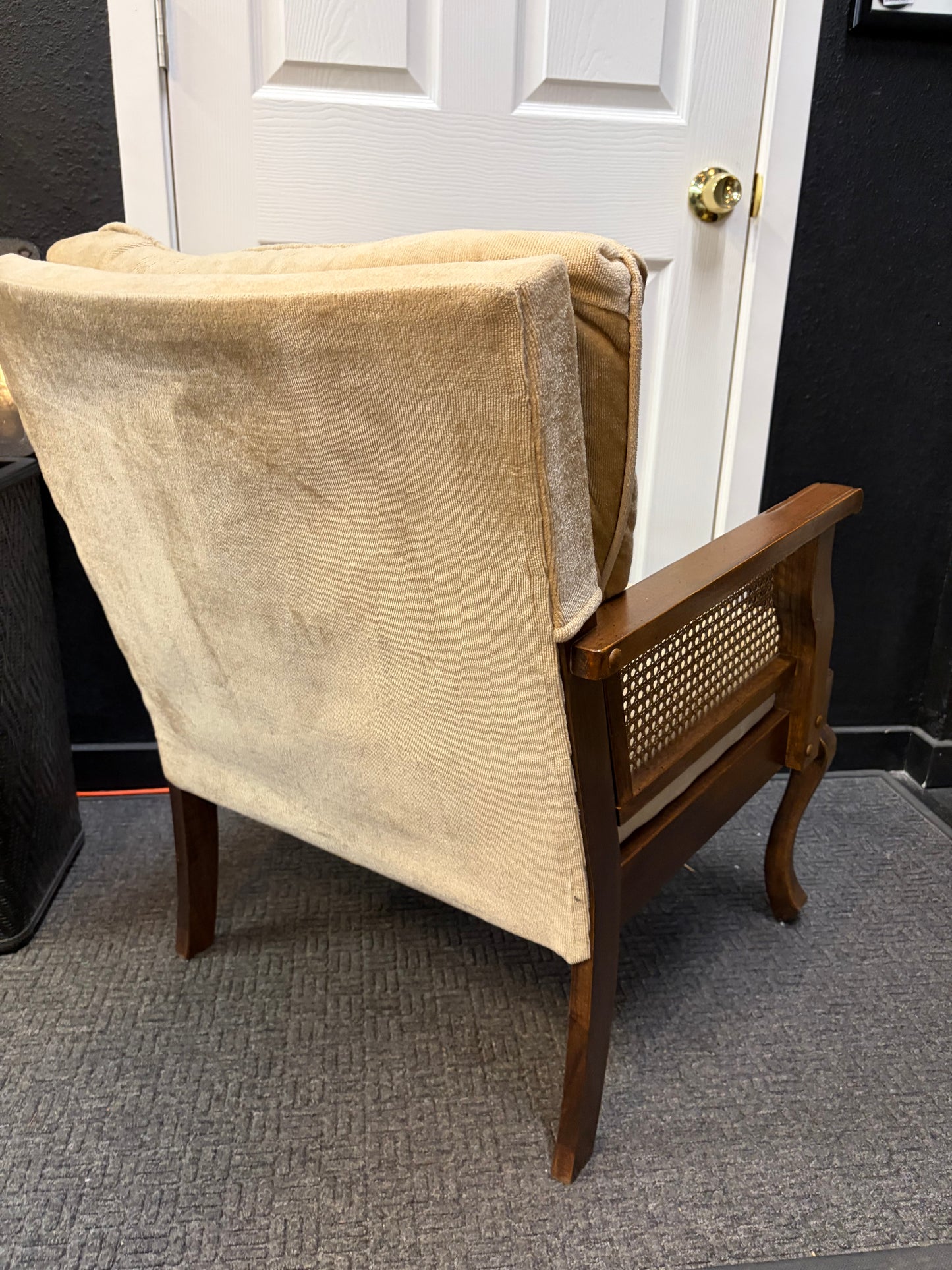 Champagne Velvet Chair with Cane Arms