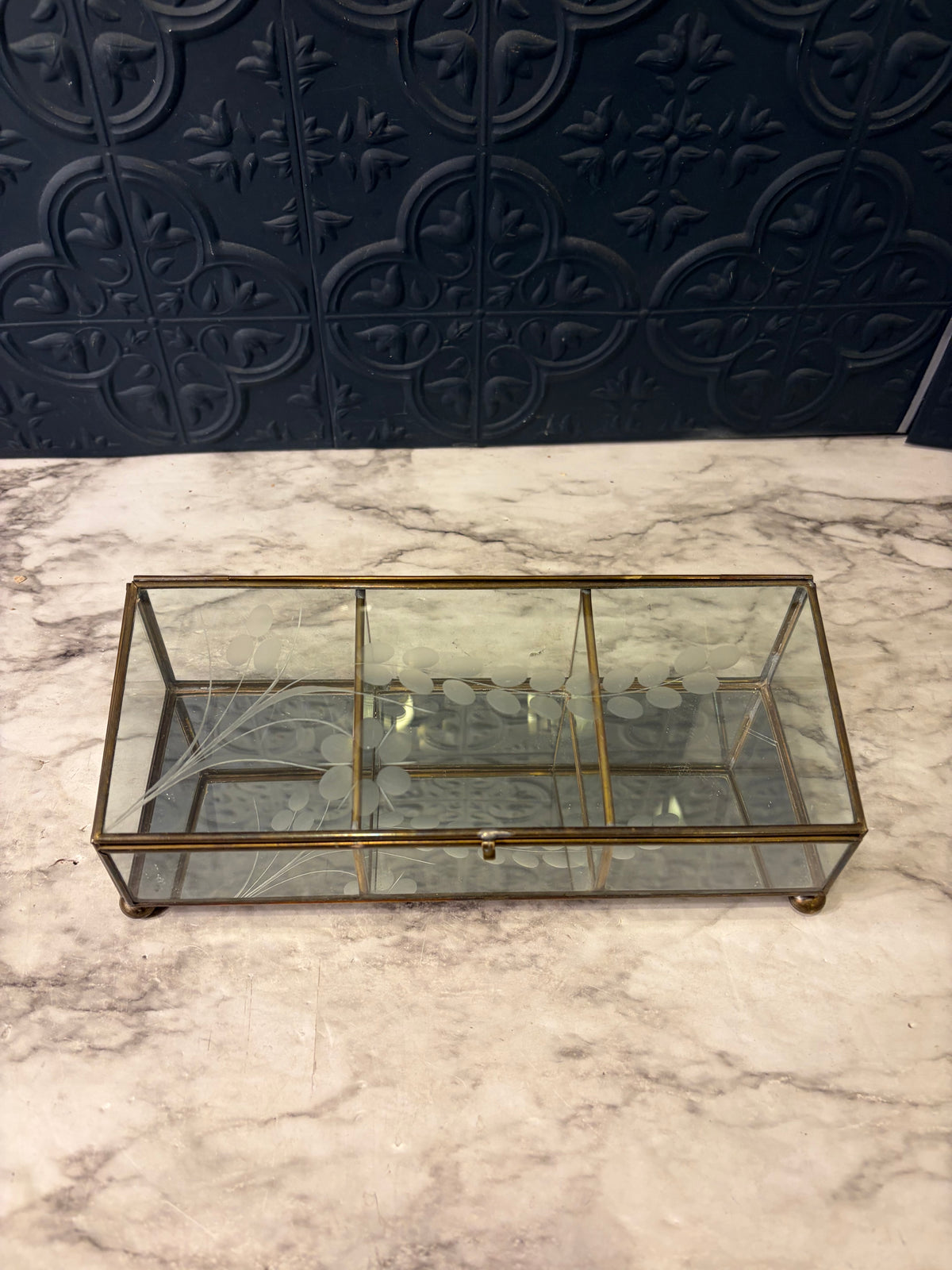 3 Section Etched Glass Jewelry Box