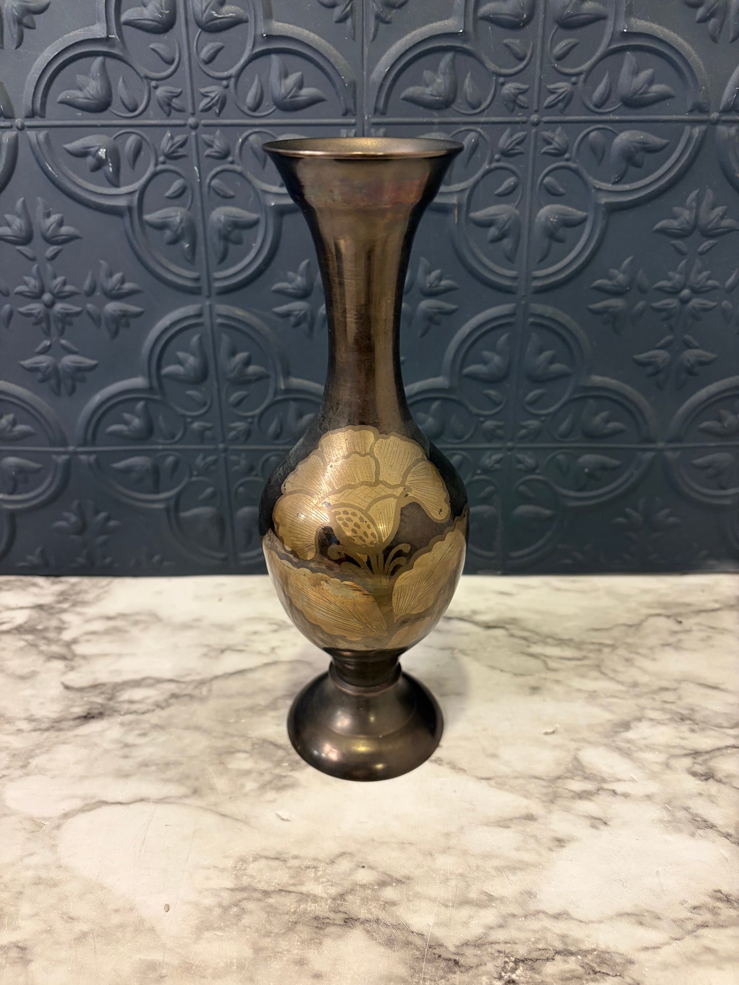 Gunmetal Brass Vase with Etched Flower