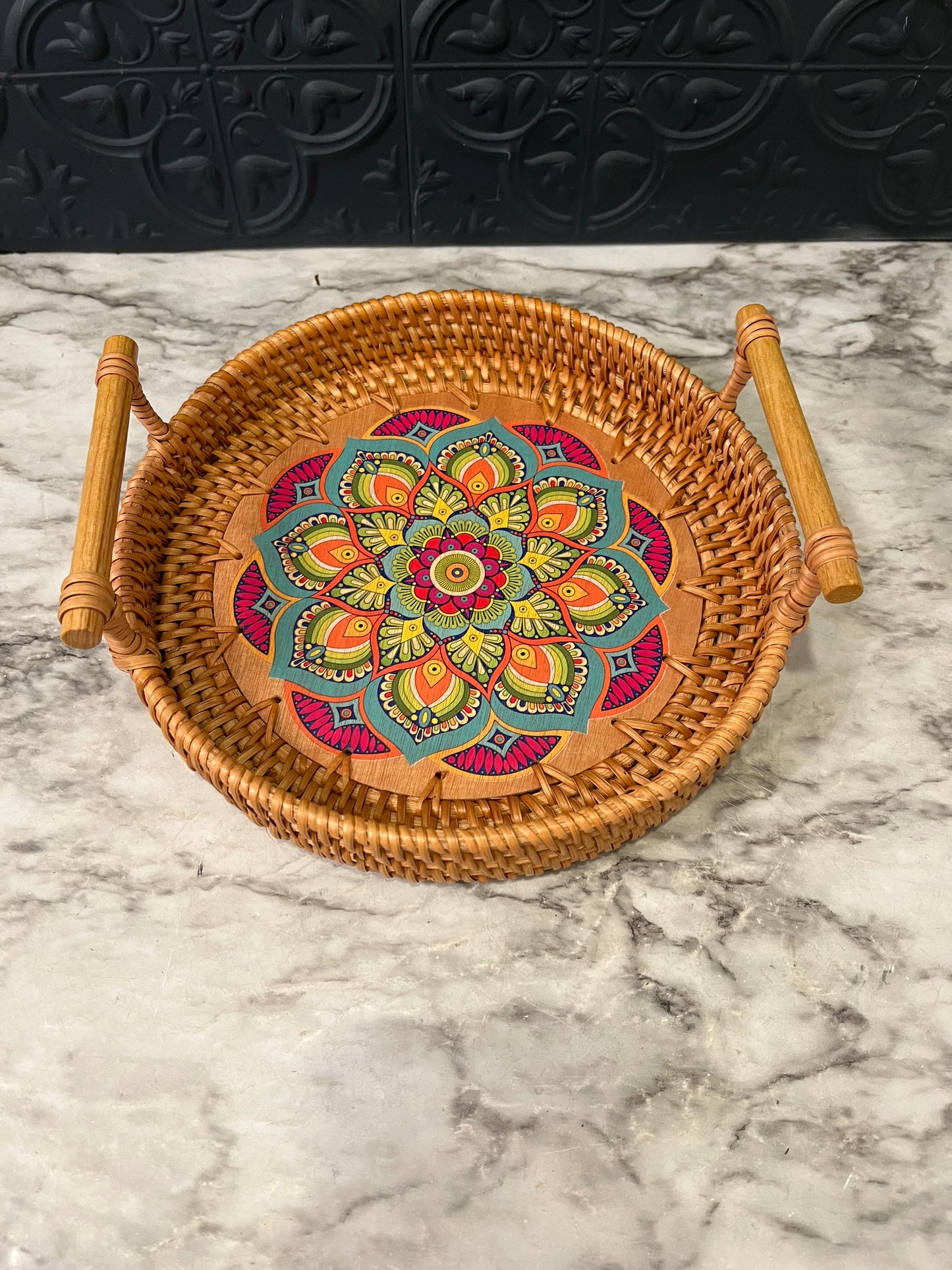 Rattan Tray with Mandala Design