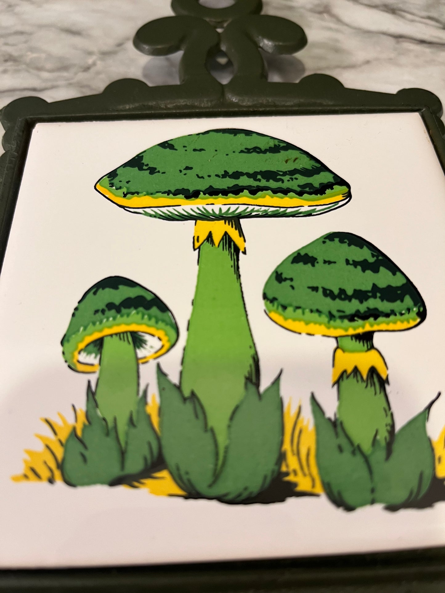 Vintage Green Mushroom Tile Trivet with Cast Iron