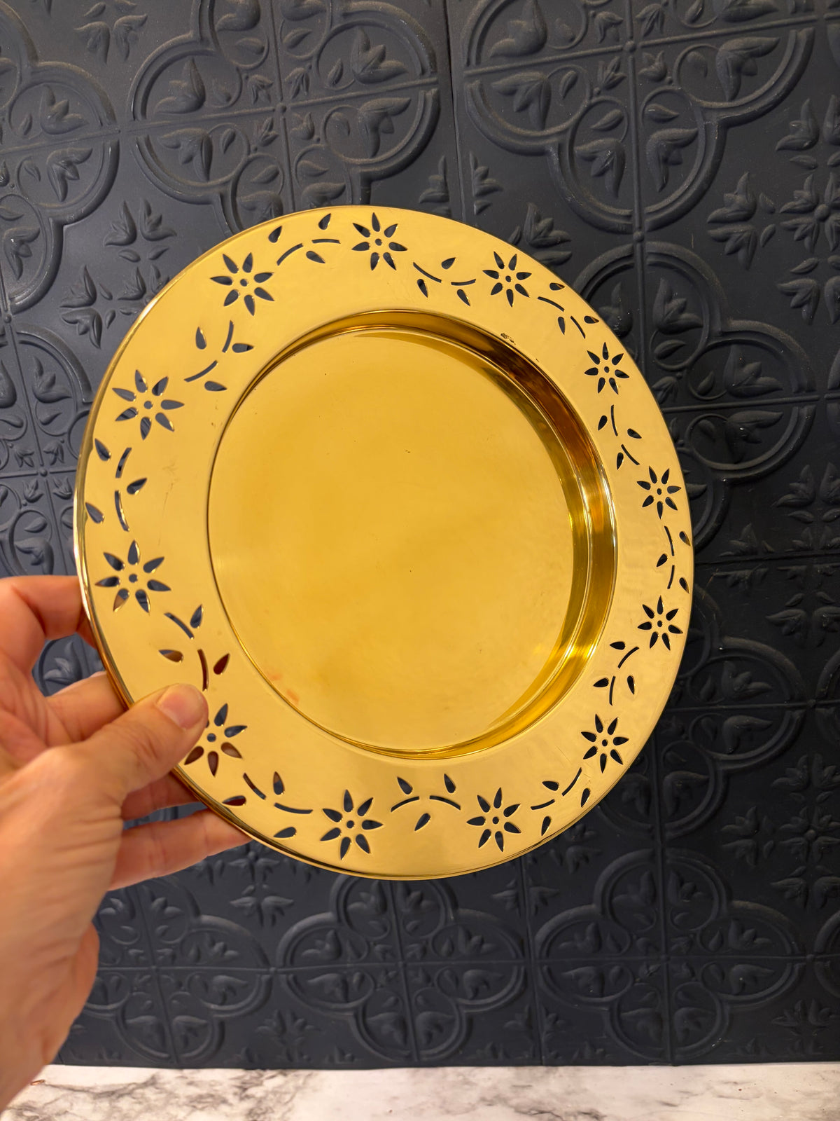 Brass Partylite Charger with Fower cutouts