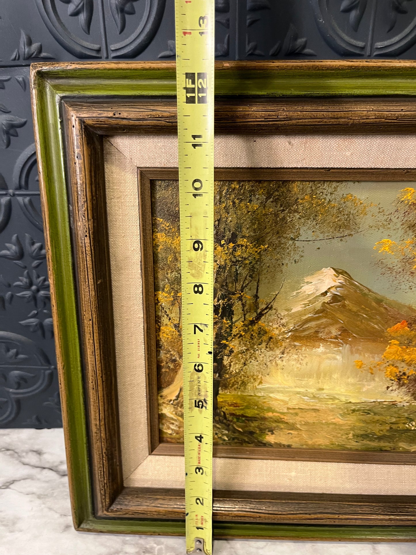 Oil Painting of Mountain and Fall Trees in Green Frame