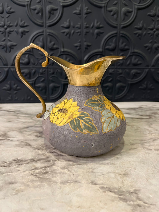 Brass and Enamel Pitcher with Sunflower